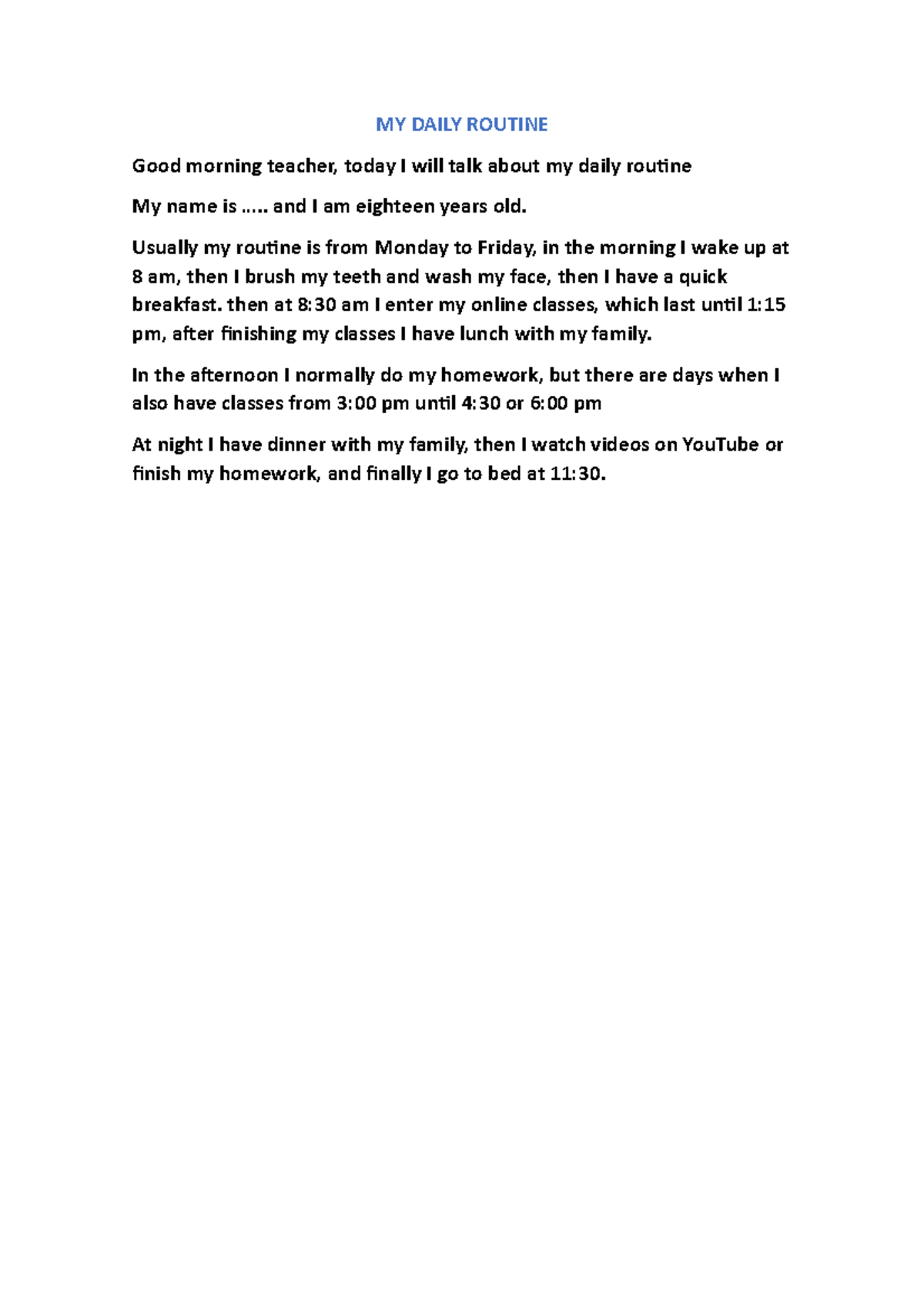 MY Daily Routine - semana 01 - MY DAILY ROUTINE Good morning teacher ...