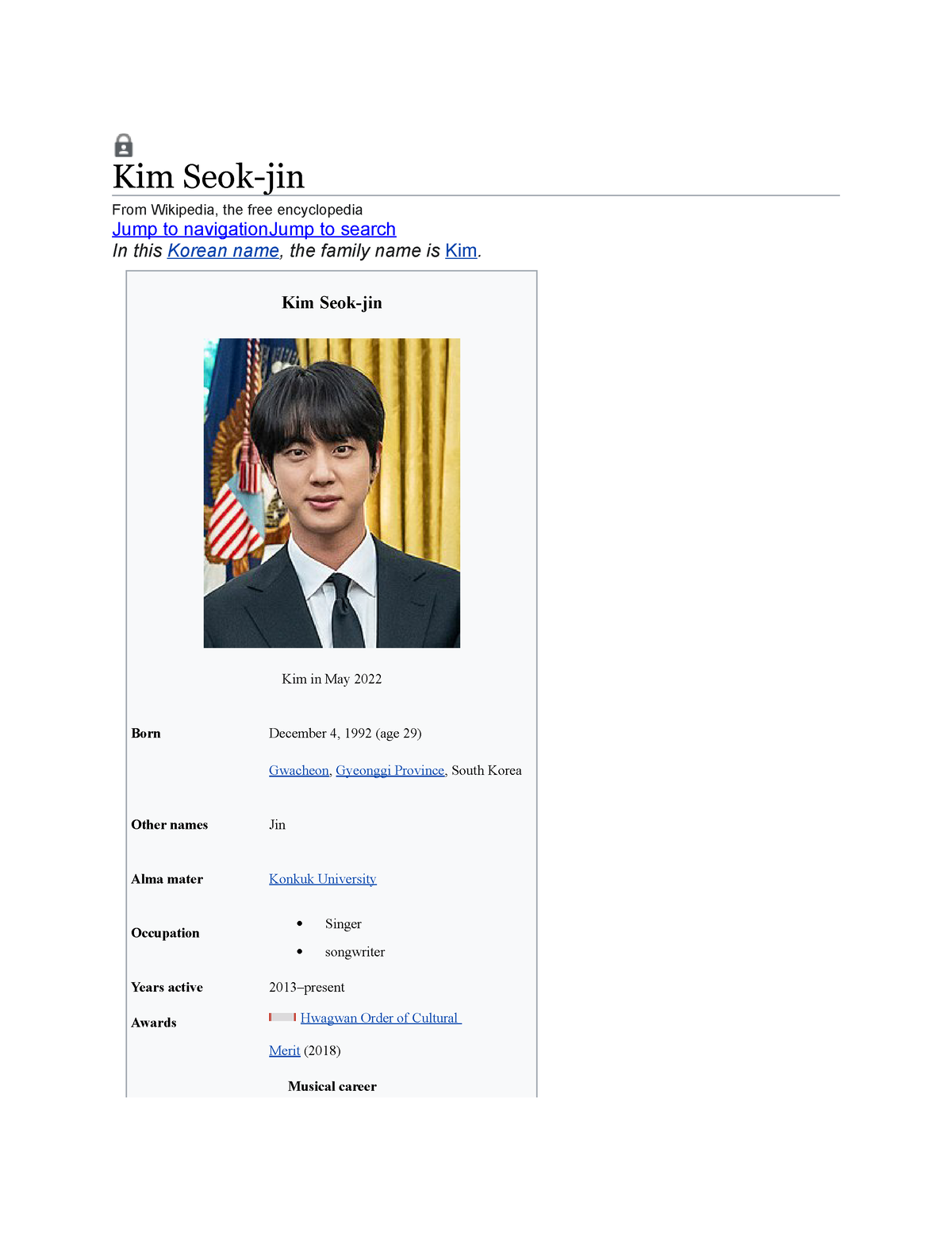 KIM SEOK JIN, Wiki
