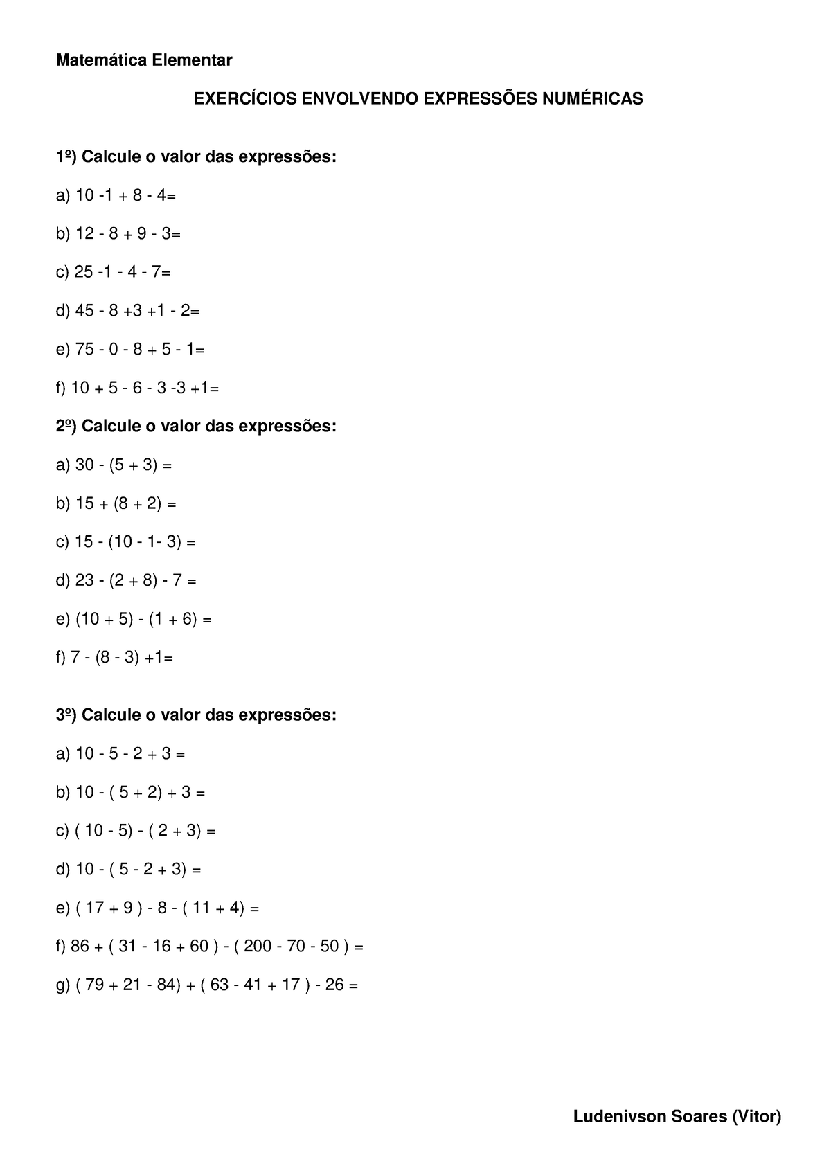 Lista 1 - Exercícios Envolvendo Expressões Numéricas - Ludenivson ...