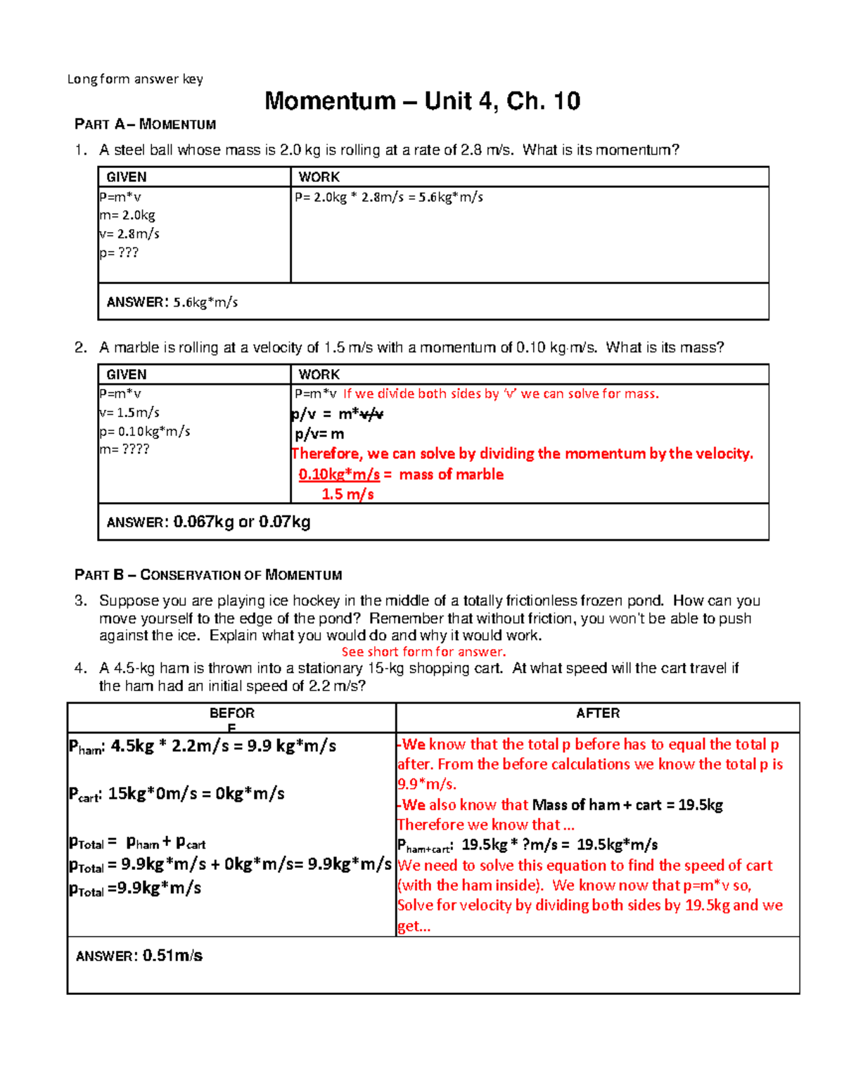 Practice momentum longform answer key 2 Long form answer key Momentum