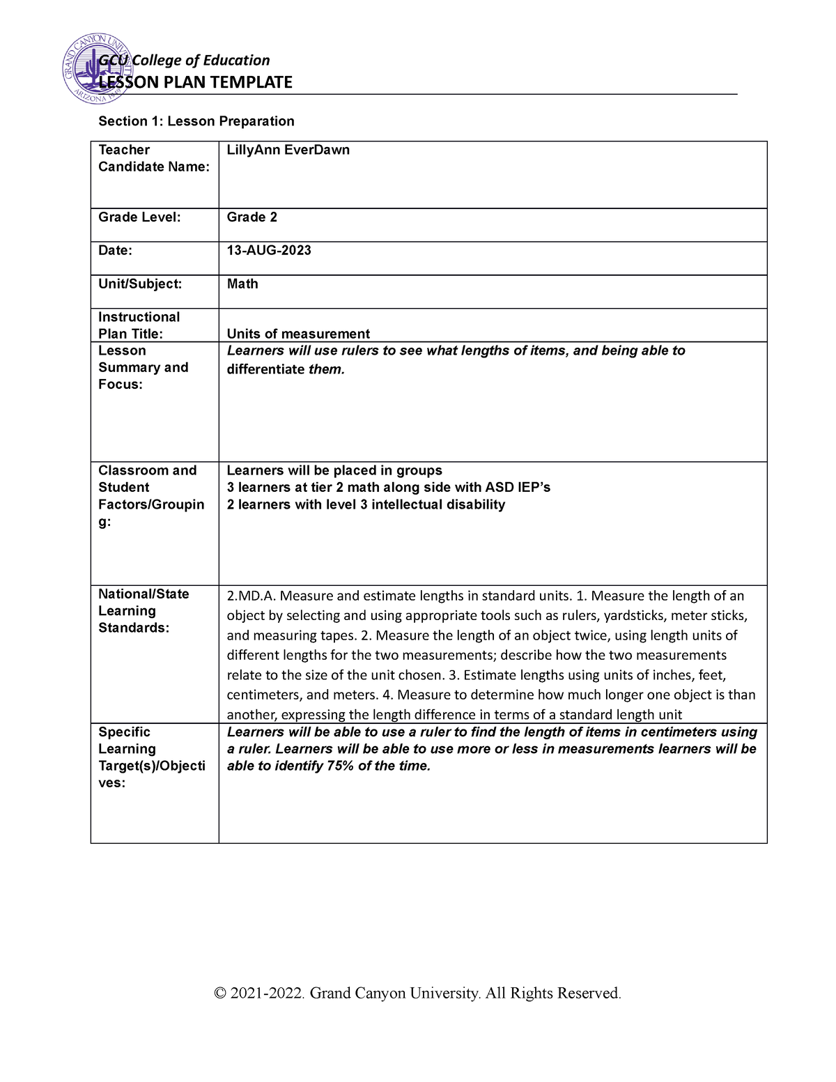 Math Lesson plan - LESSON PLAN TEMPLATE Section 1: Lesson Preparation ...