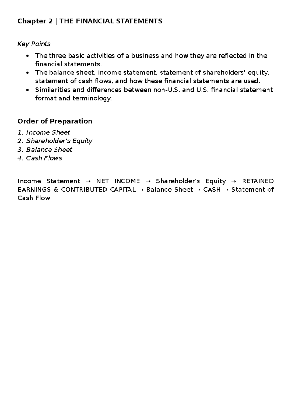 Chapter 2 Notes Chapter 2 THE FINANCIAL STATEMENTS Key Points The