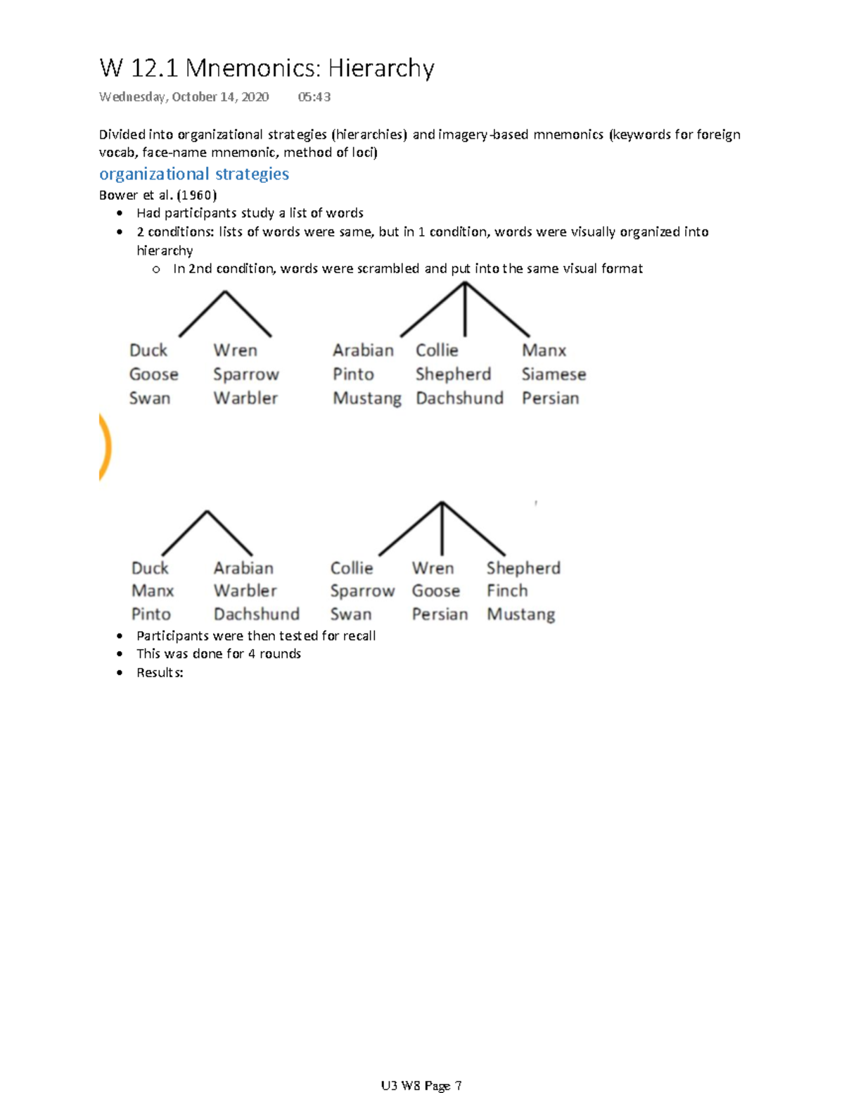 Unit 3 Mnemonics, Hierarchy Divided into organizational strategies