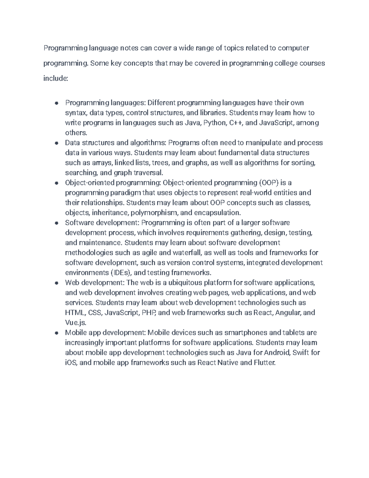 Programming languages - Some key concepts that may be covered in ...