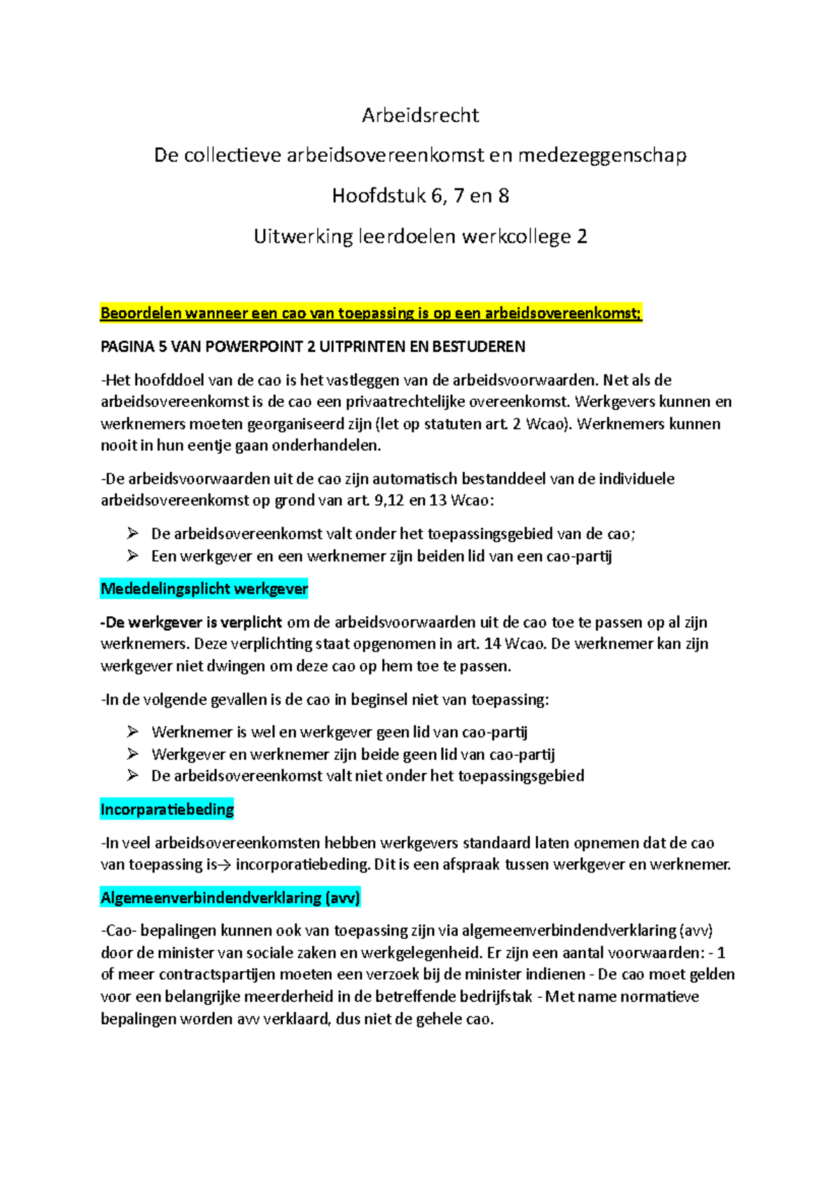 Uitwerking Leerdoelen Les 2 - Arbeidsrecht De Collectieve ...