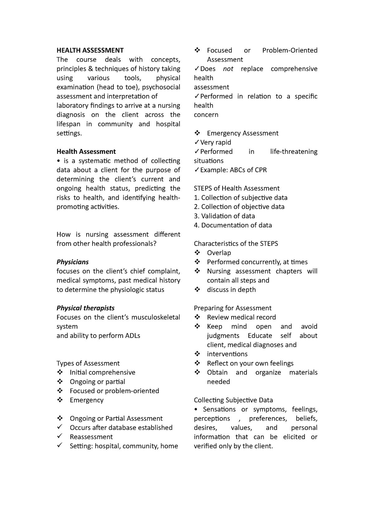 Health Assessment Chap1 - HEALTH ASSESSMENT The Course Deals With ...