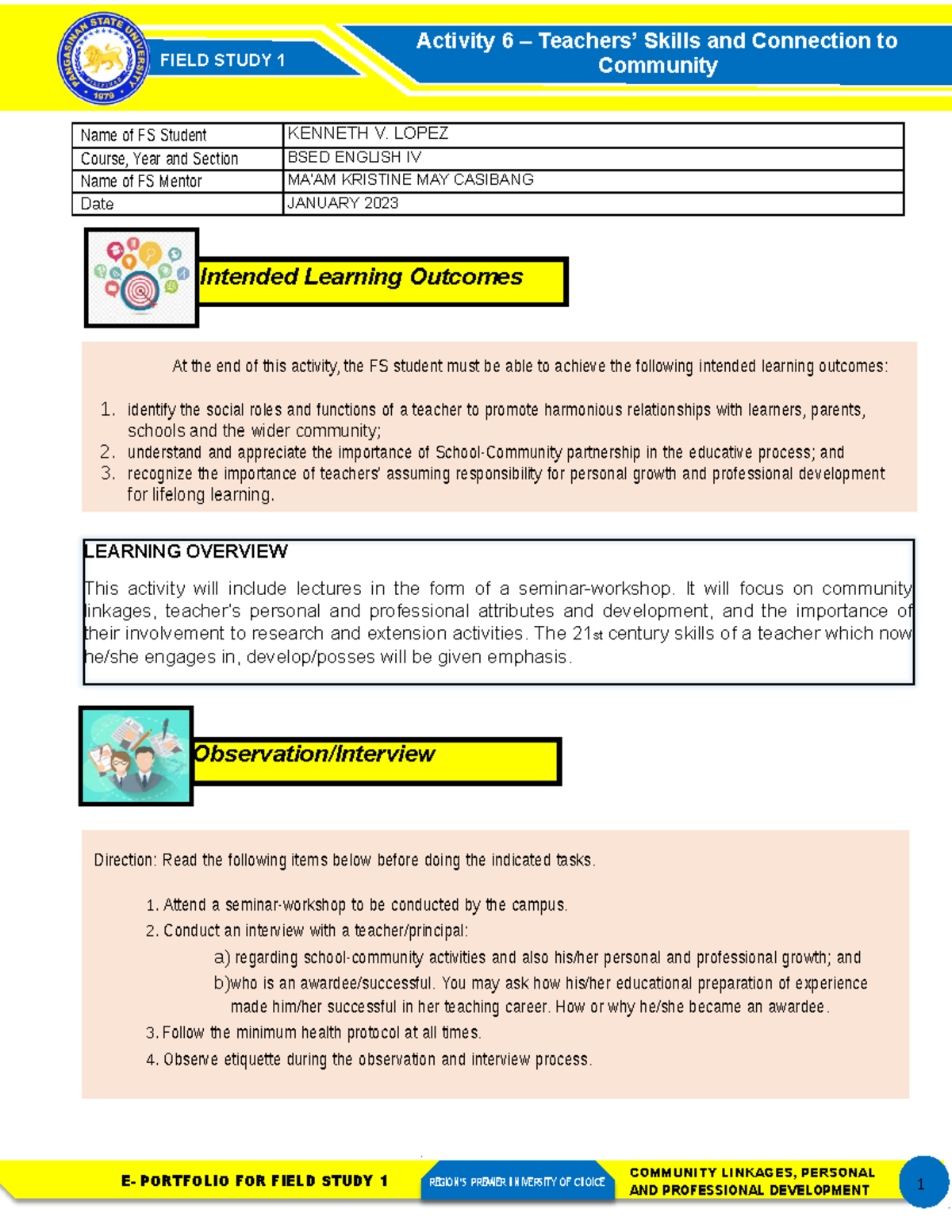 FS1 Activity 6 Lopez - sample acitivity - Observation/Interview ...