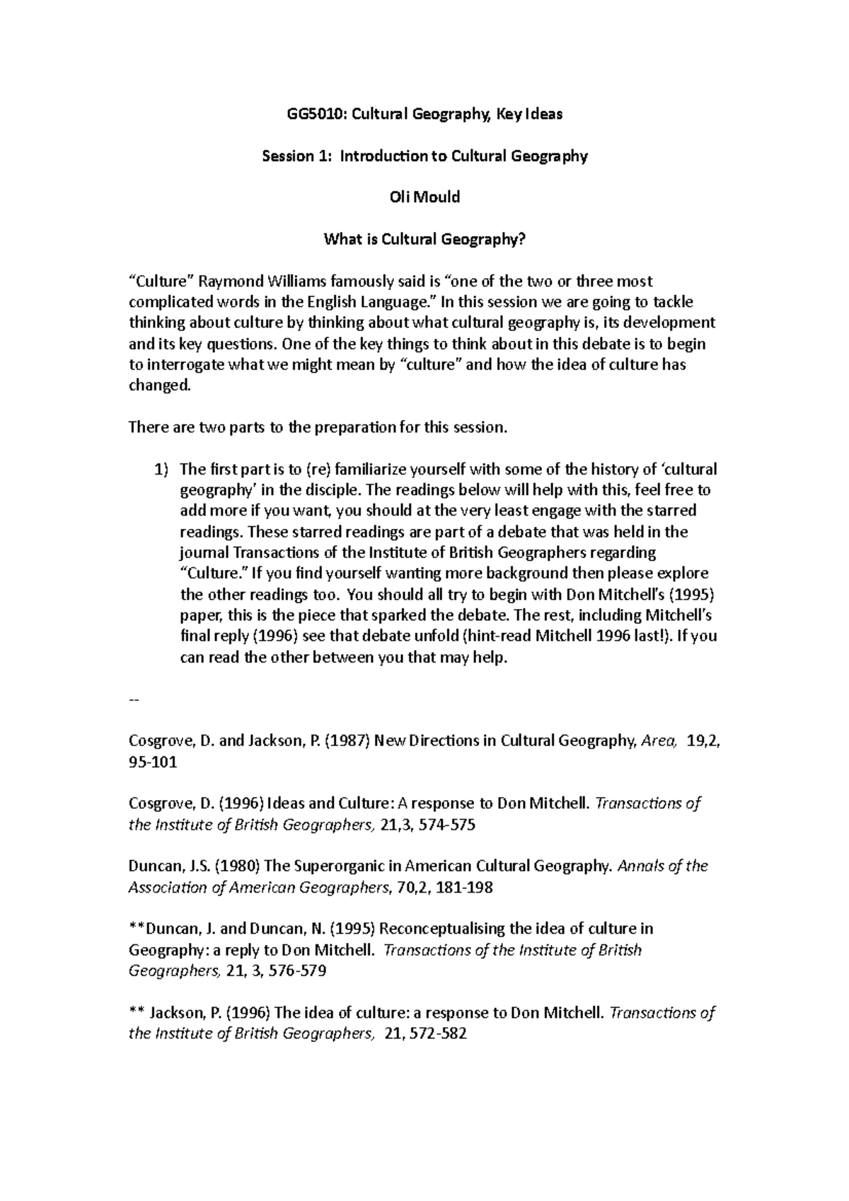 GG5010 Introduction Lecture notes 1 GG5010 Cultural Geography, Key