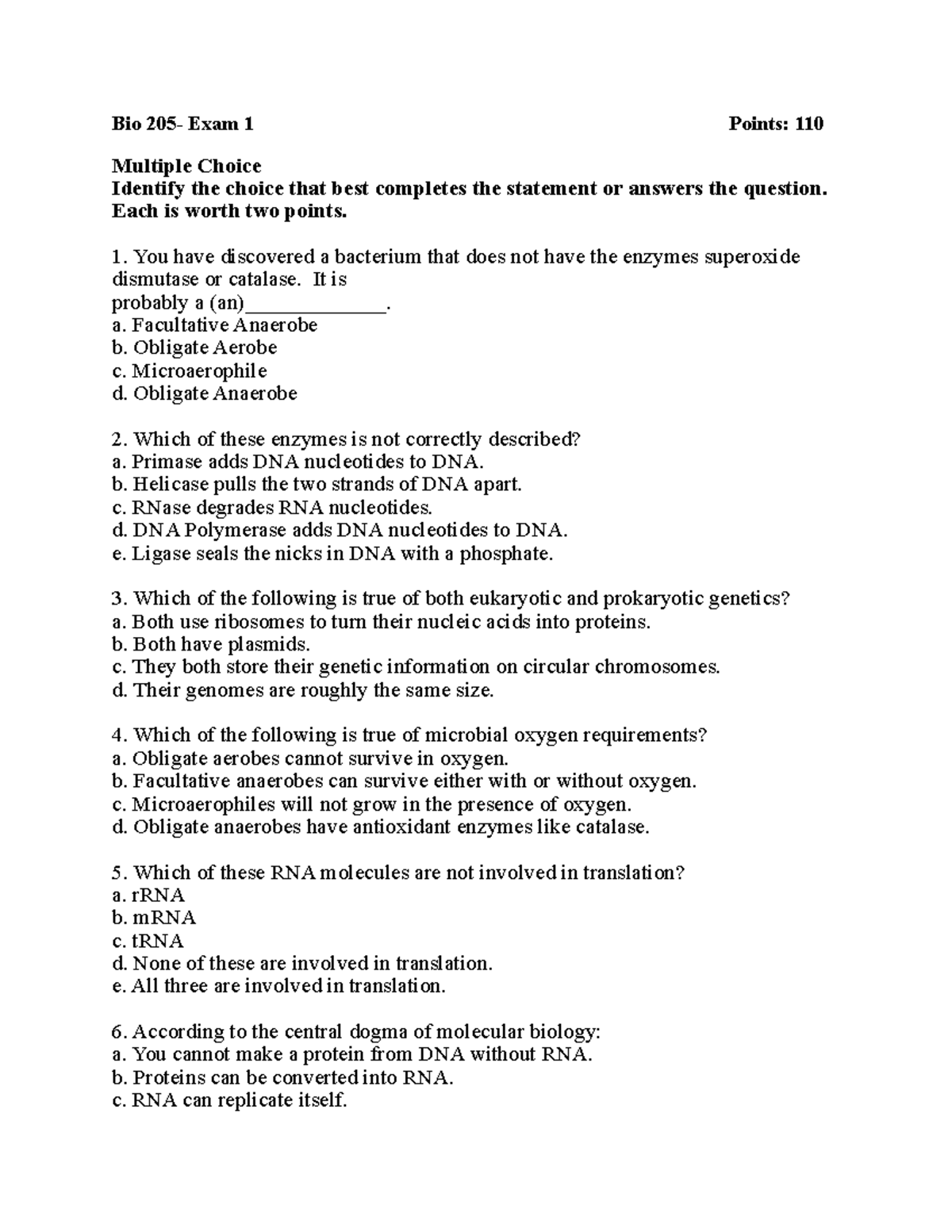 Bio 205- Exam 1 Part 1 - Bio 205- Exam 1 - Bio 205- Exam 1 Points: 110 ...