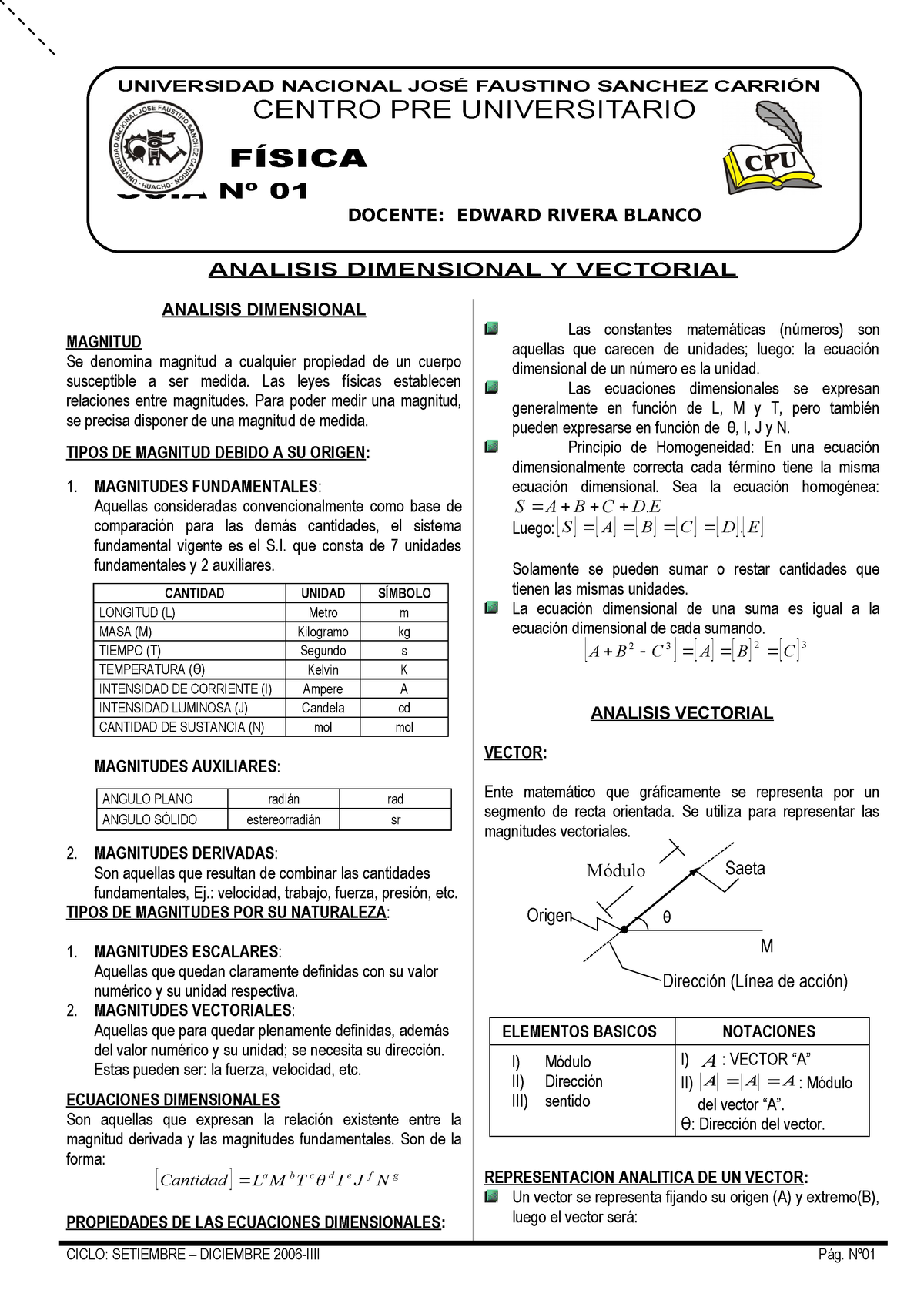 Fisica Analisis Dimens 155 Universidad Nacional Jos Faustino Sanchez Carri Centro Pre Universitario Sica Gu 01 Docente Edward Rivera Blanco Analisis Studocu