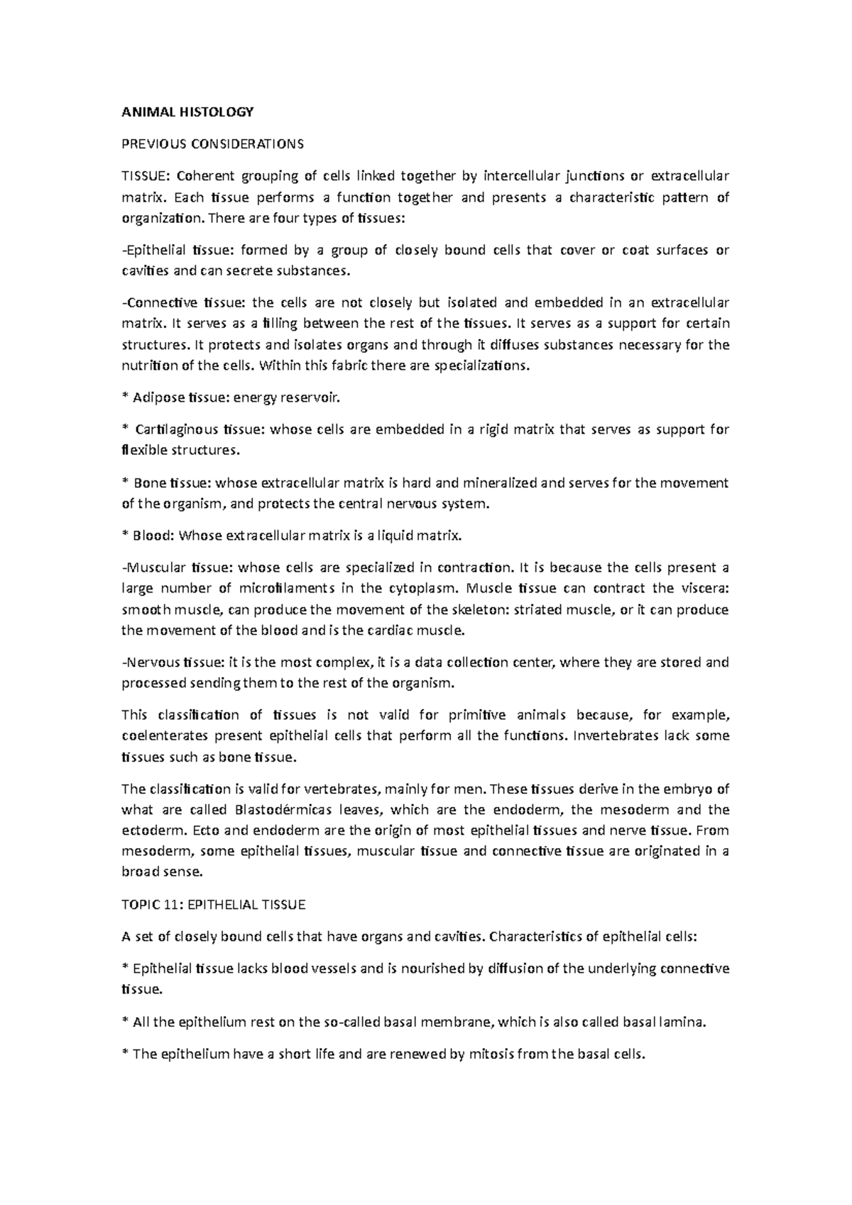 Animal Histology - Lecture notes 1 - ANIMAL HISTOLOGY PREVIOUS ...