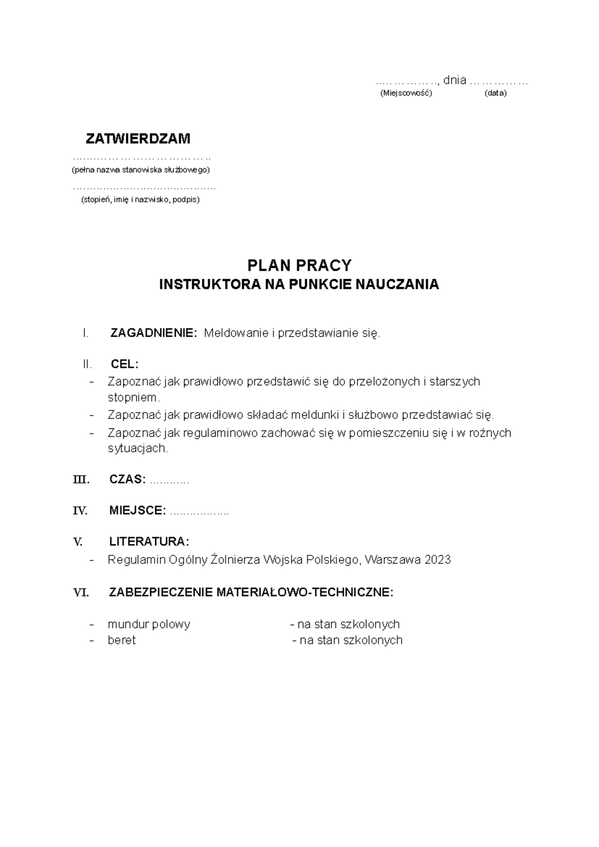 plan pracy z metodyki regulaminów musztry -............., dnia