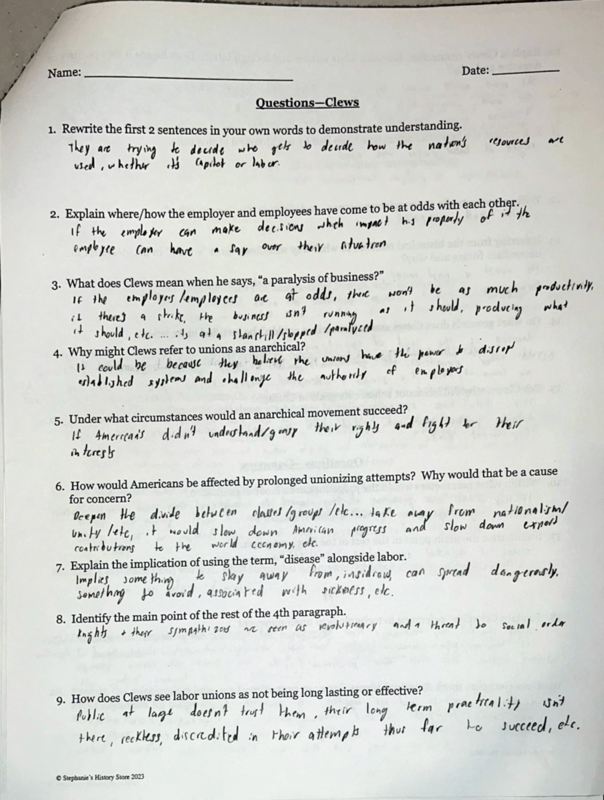 Assignment 1-9 - homework - Name: - Date: ___ _ Questions-Clews 1 ...