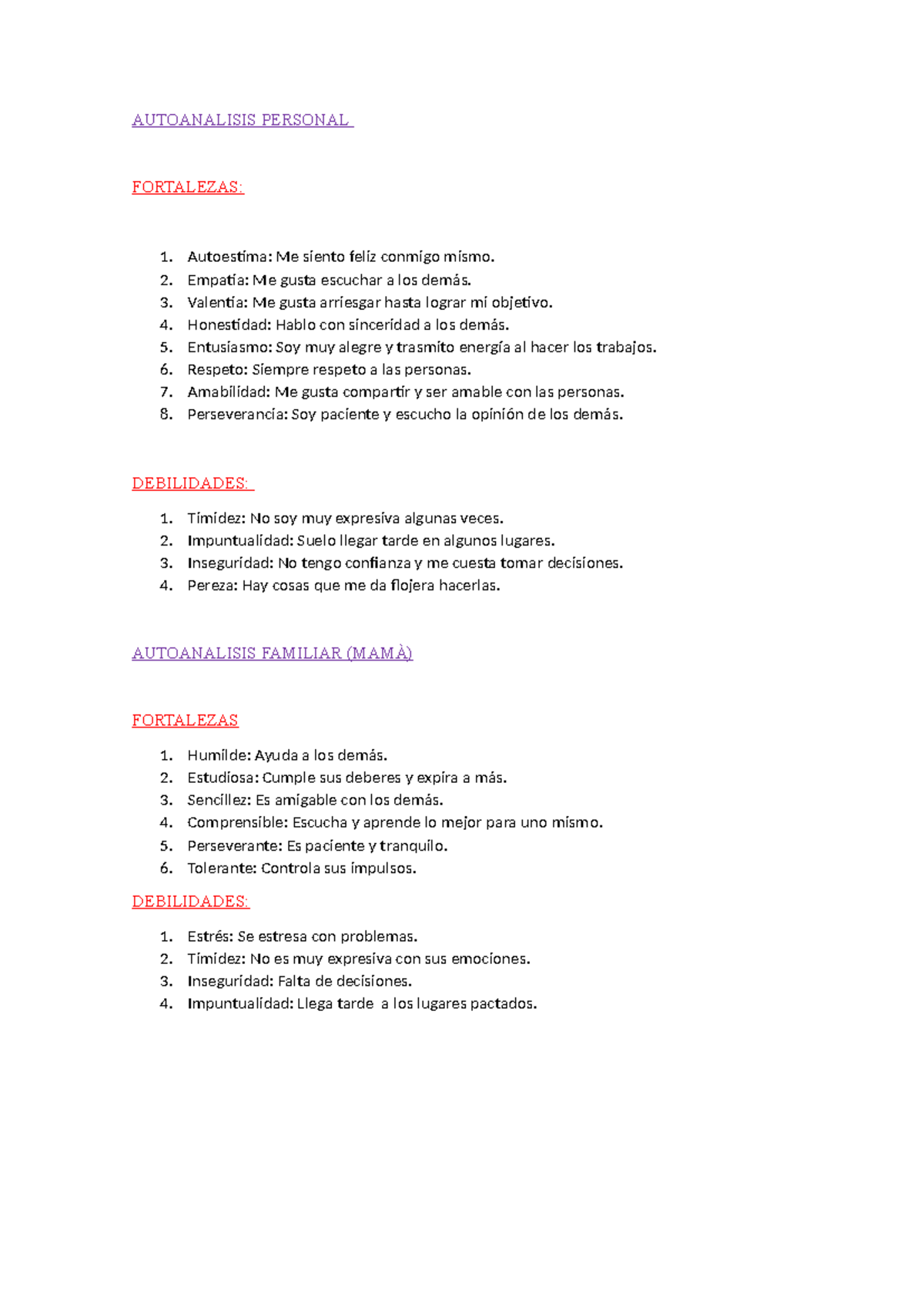 Autoanalisis Personal - AUTOANALISIS PERSONAL FORTALEZAS: Autoestima ...