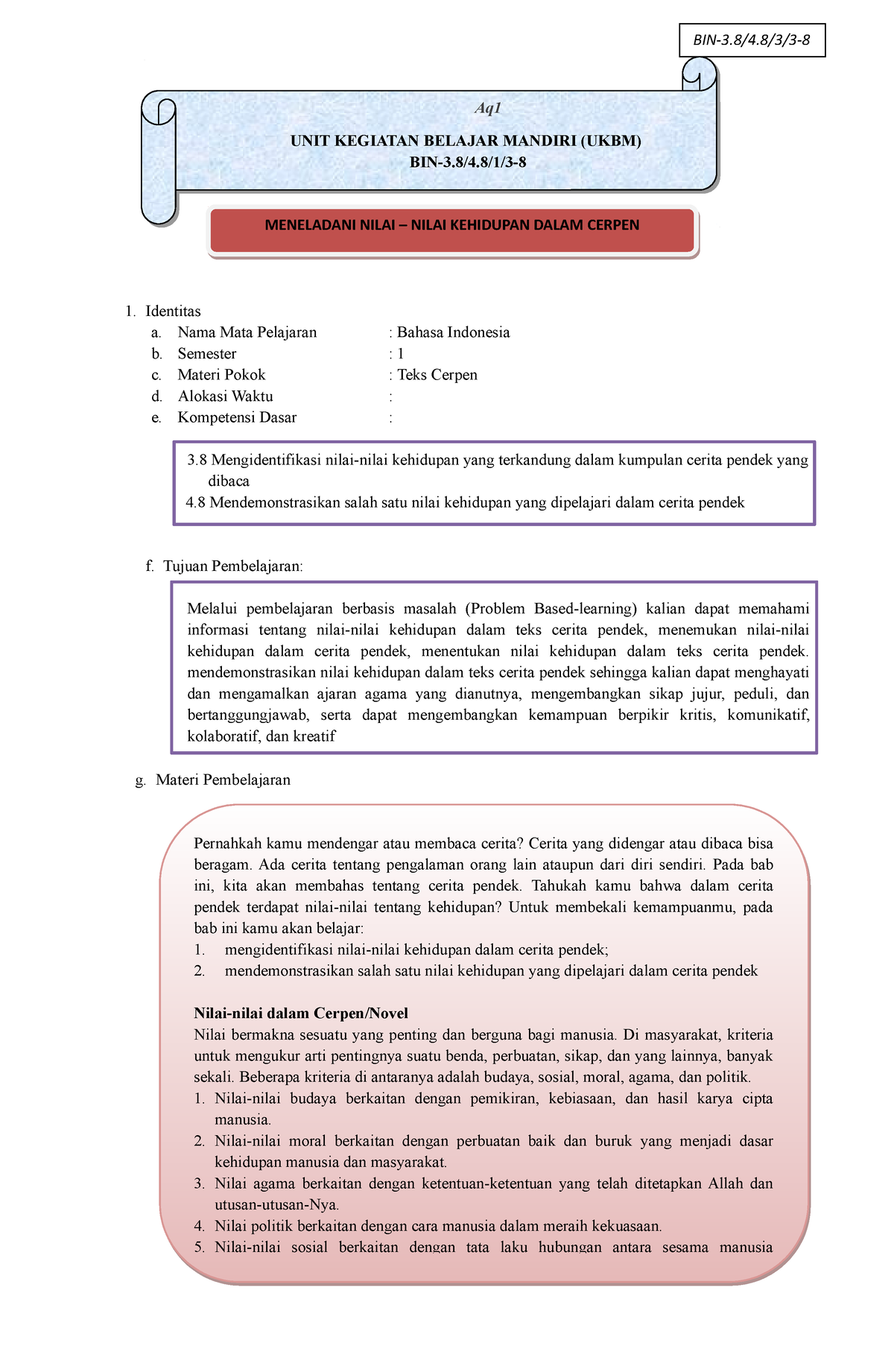 UKBM Cerpen 2022 - Aq UNIT KEGIATAN BELAJAR MANDIRI (UKBM) BIN-3.8/4/1 ...