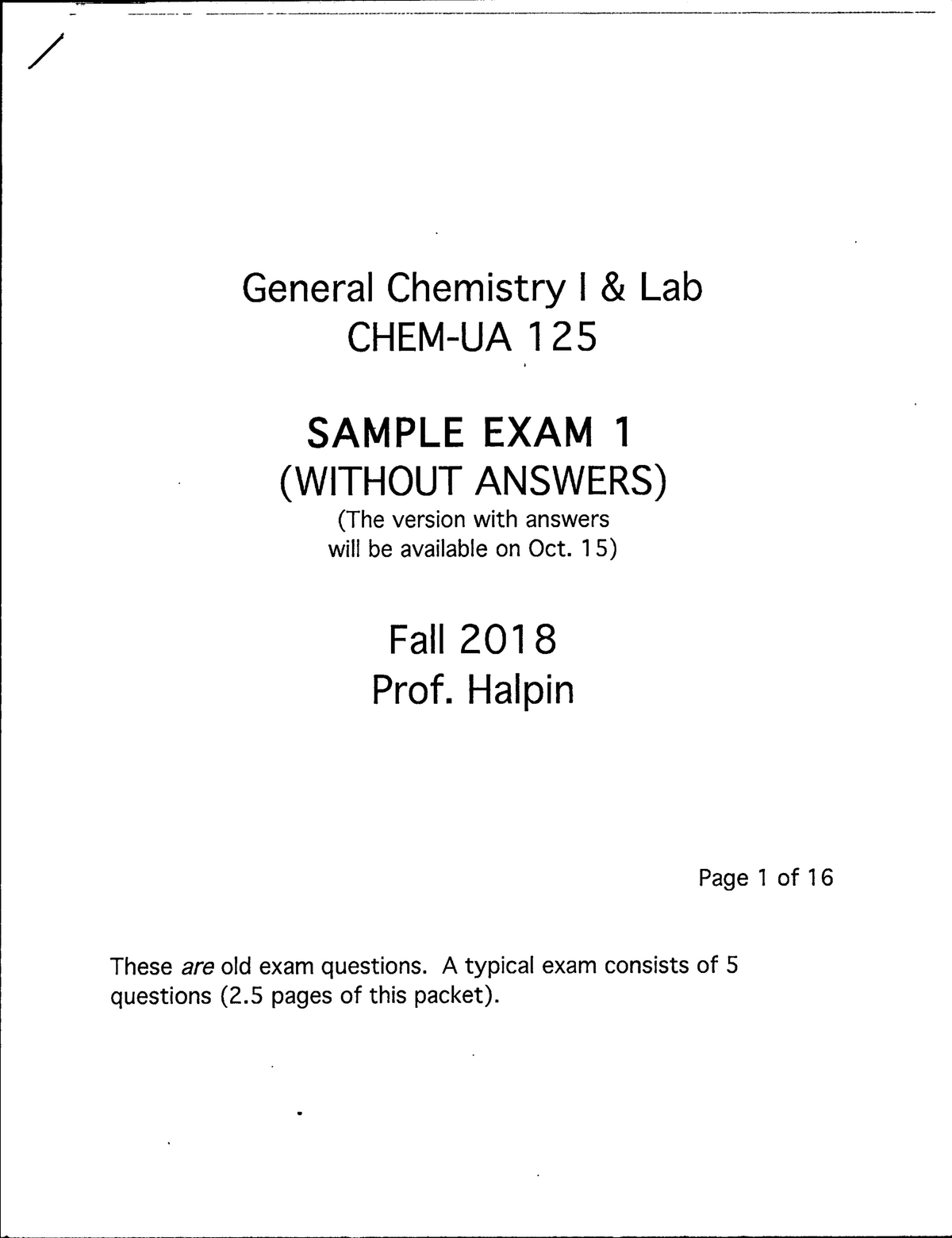 Chem Midterm 1 Practice - General Chemistry I & Lab CHEM-UA 1 25 SAMPLE ...