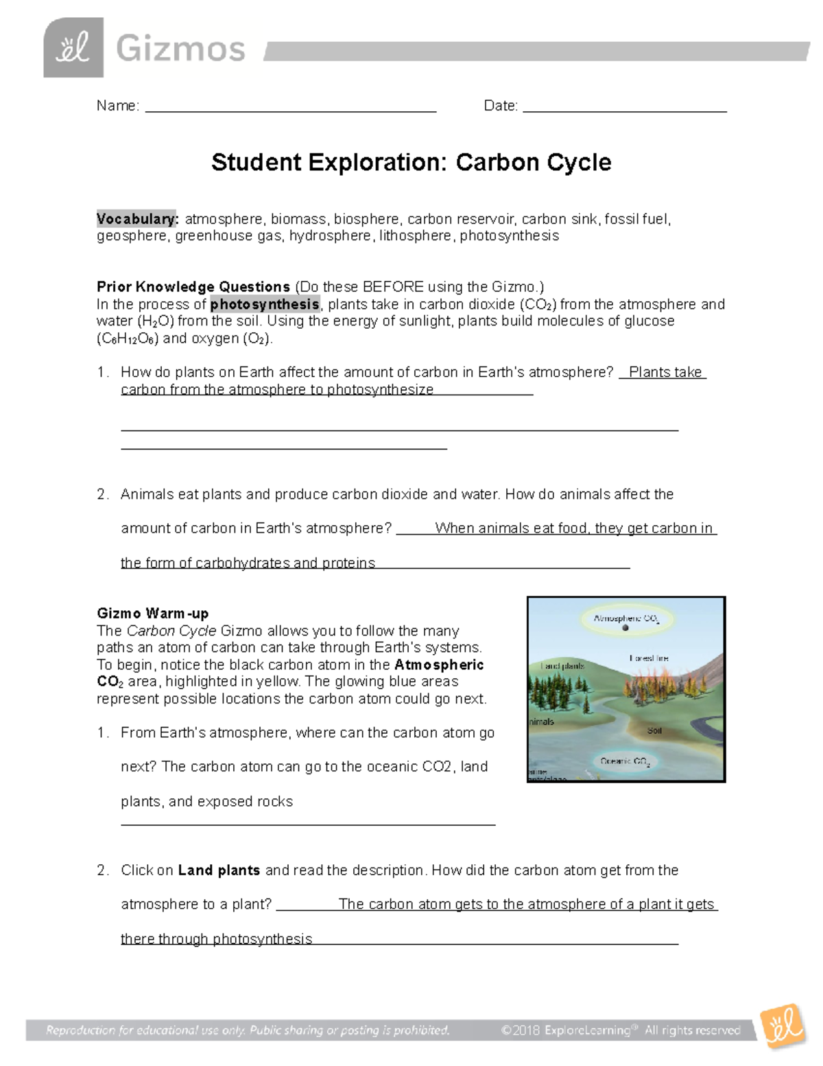 Carbon Cycle Worksheet Name Date Student Exploration Carbon Cycle 