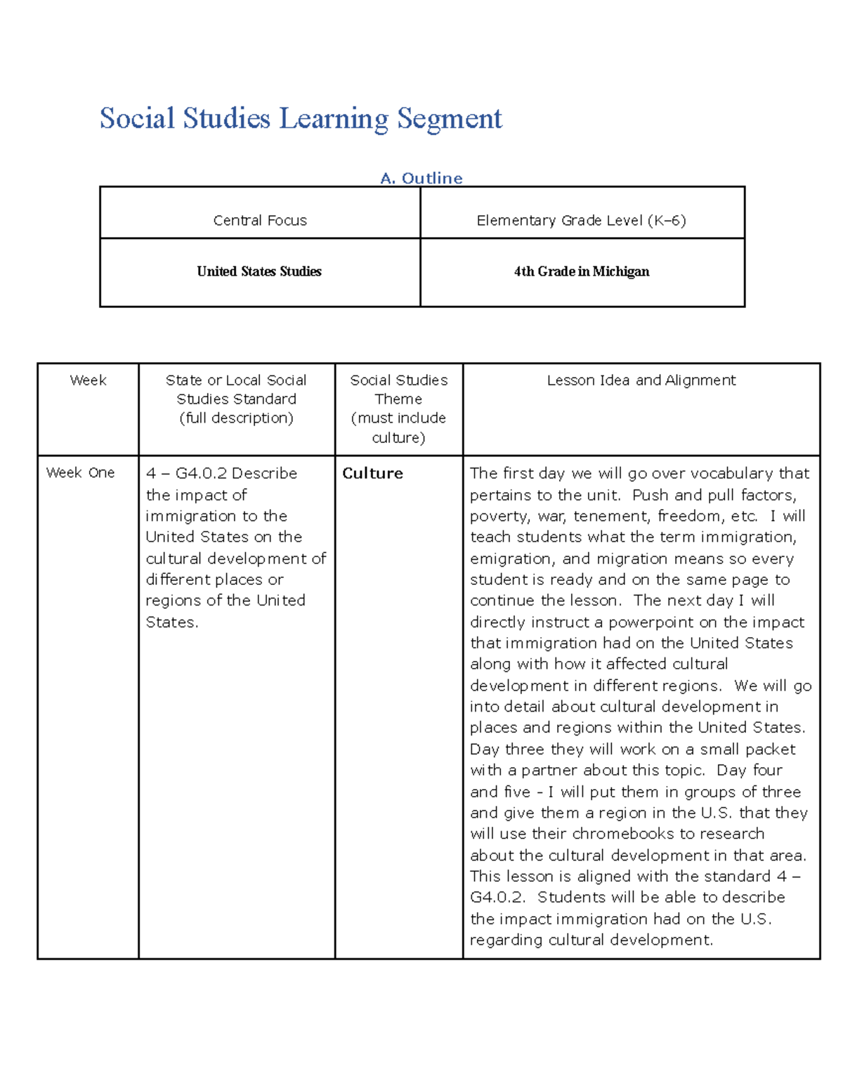 C104 - task 1 - assignment - Social Studies Learning Segment A. Outline ...