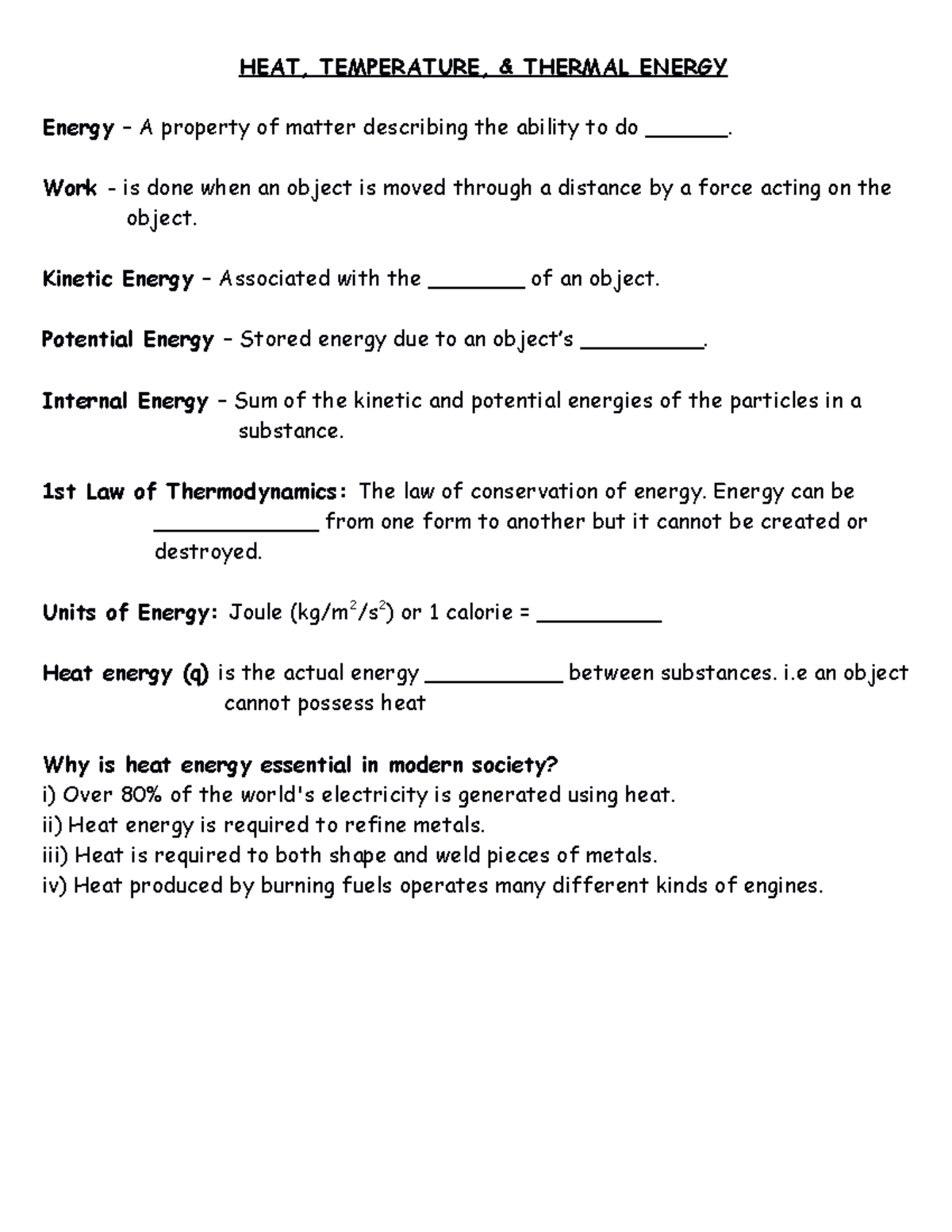 Energy rates student notes 11 - HEAT, TEMPERATURE, & THERMAL ENERGY ...