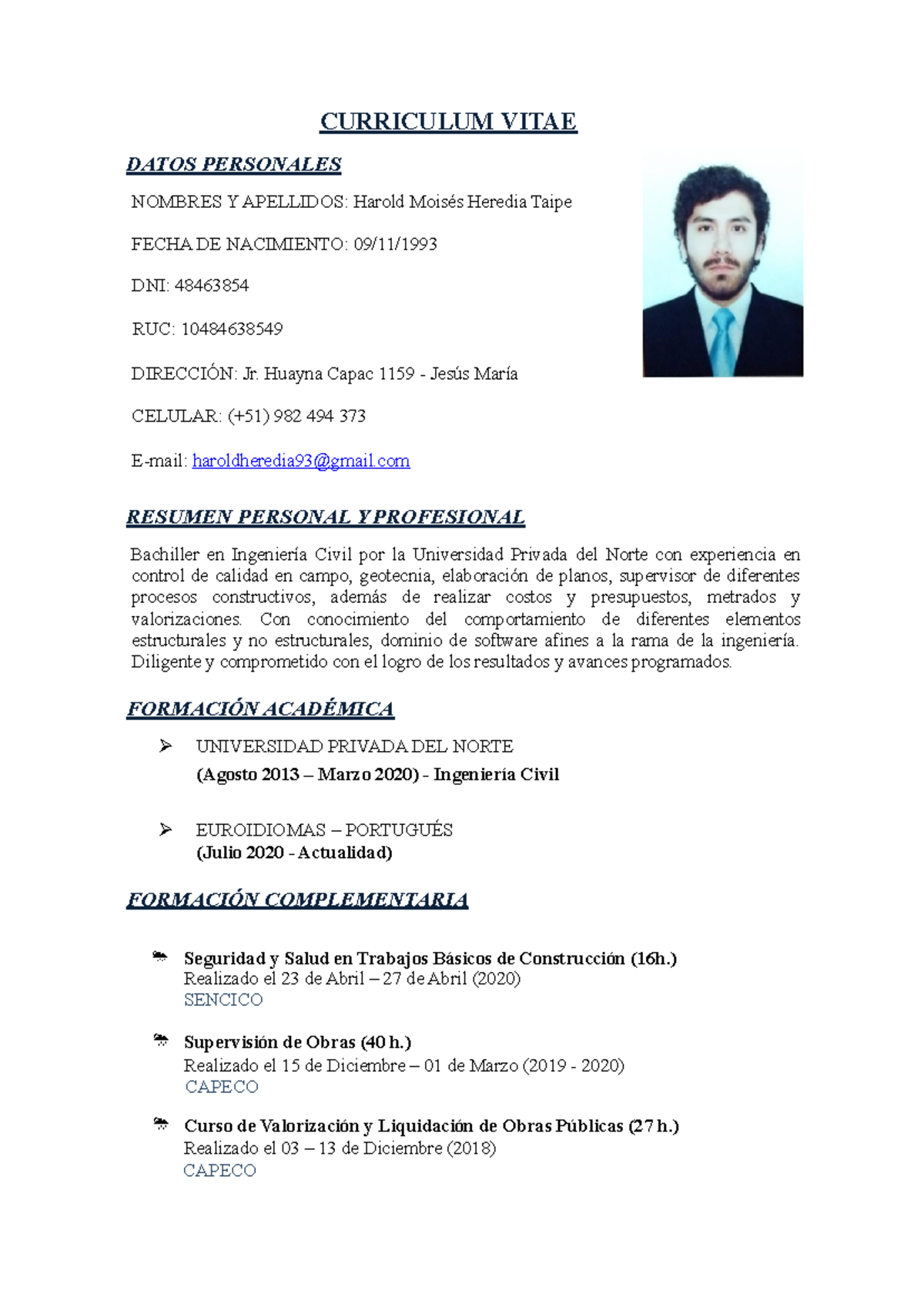 CV Harold Heredia 2021 - bajar 1 - CURRICULUM VITAE DATOS PERSONALES  NOMBRES Y APELLIDOS: Harold - Studocu