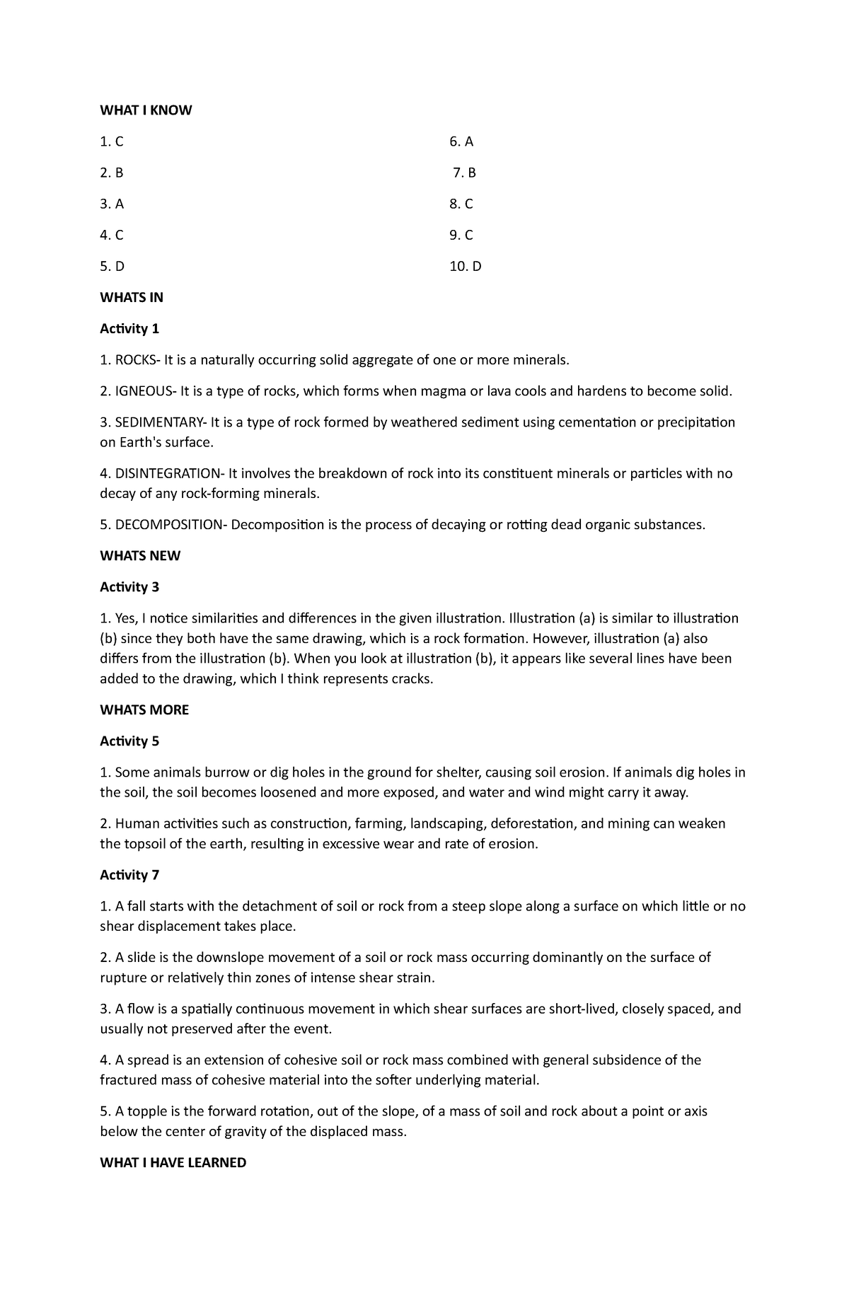 ELS Q1 M5 - Modules In Earth And Life Science - WHAT I KNOW 1. C 2. B 3 ...