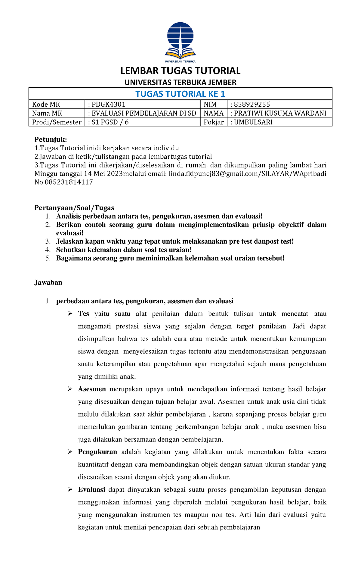 TT 1- Evaluasi Pembelajaran Di SD Pratiwi Kusuma Wardani 6B ...