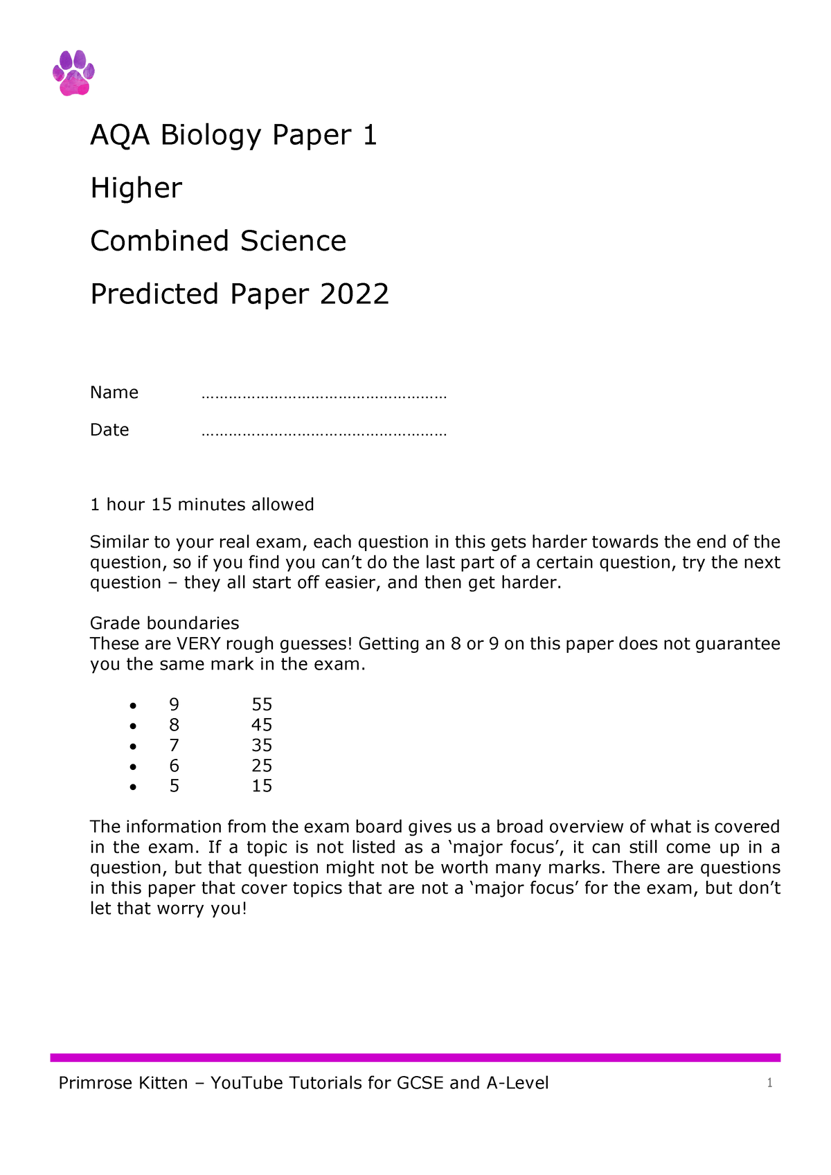 AQA Combined Science - Higher - Biology Paper 1 - Predicted Paper 2022 ...