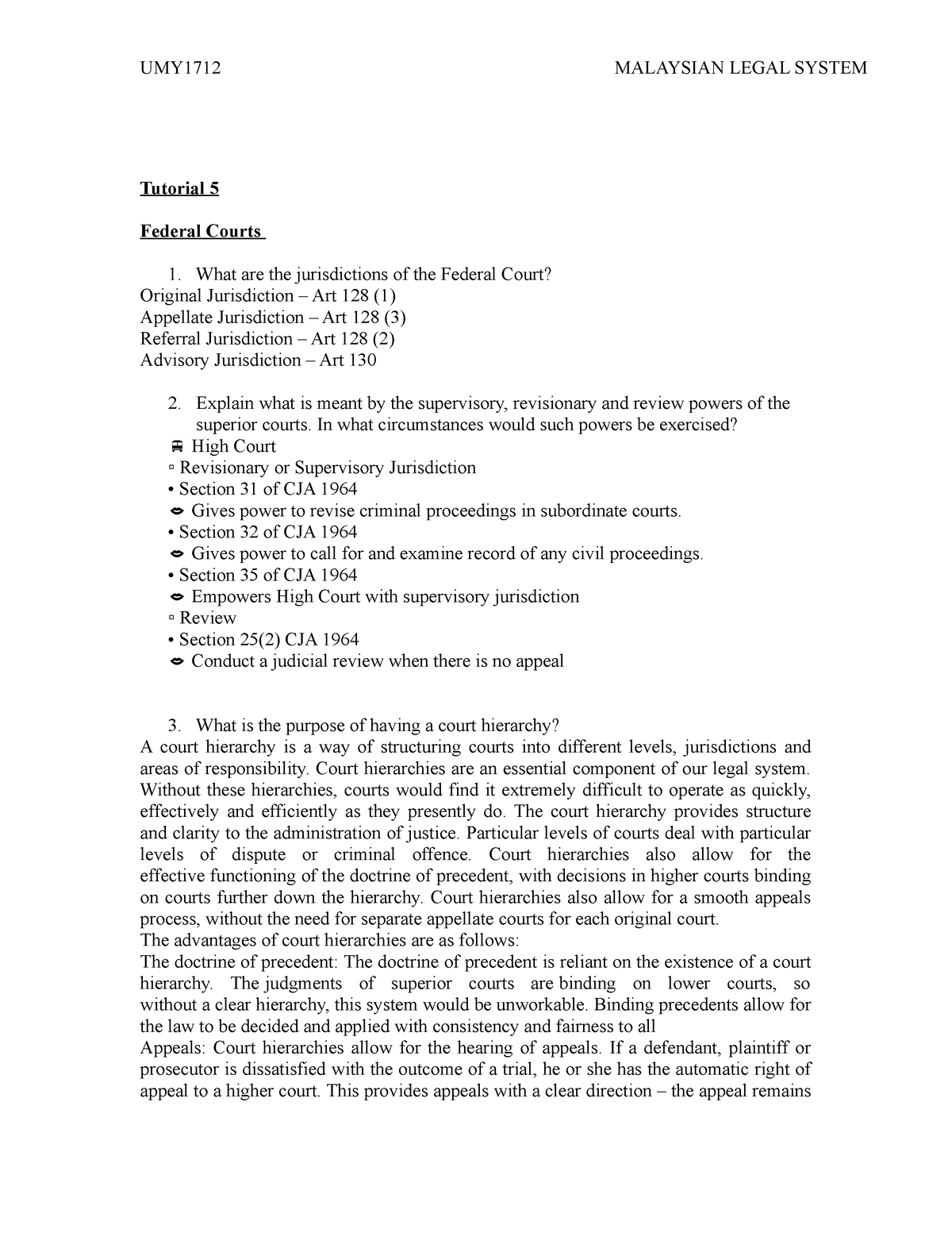 Tutorial 5 - MLS - UMY1712 MALAYSIAN LEGAL SYSTEM Tutorial 5 Federal ...