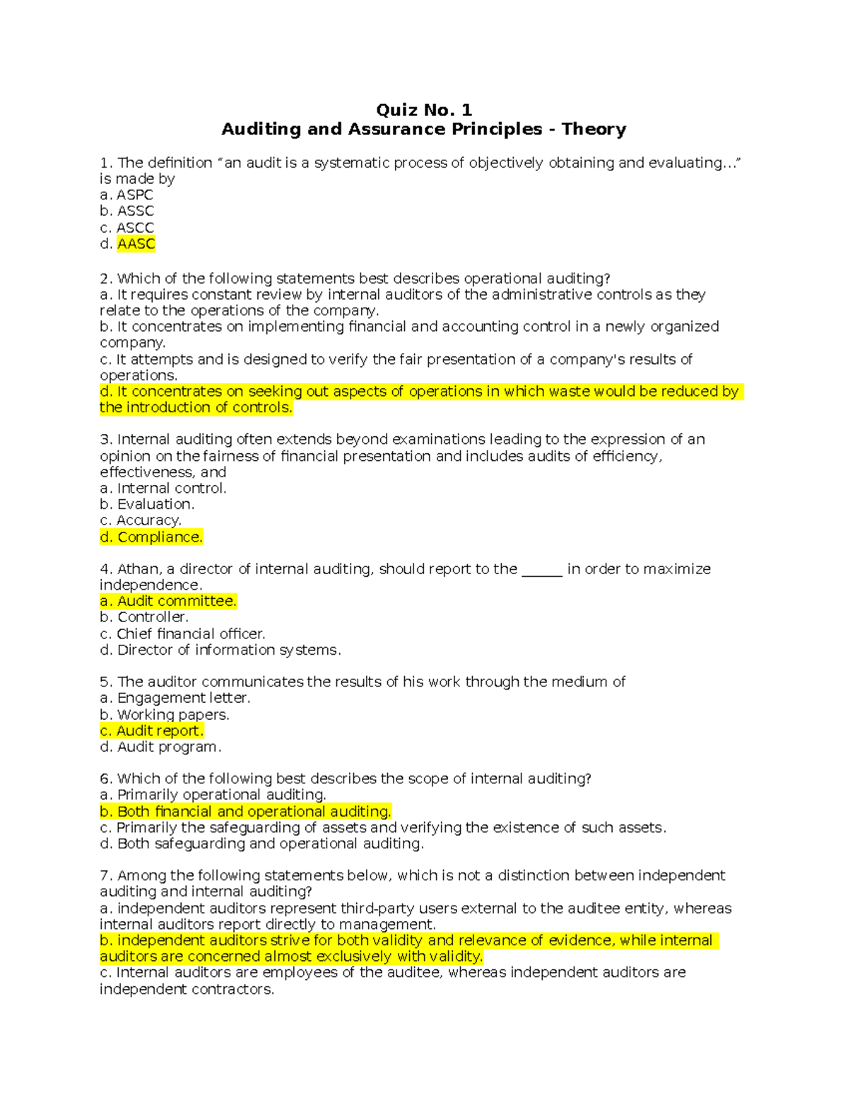 Quiz No.1 - With Answers - Quiz No. 1 Auditing and Assurance Principles ...