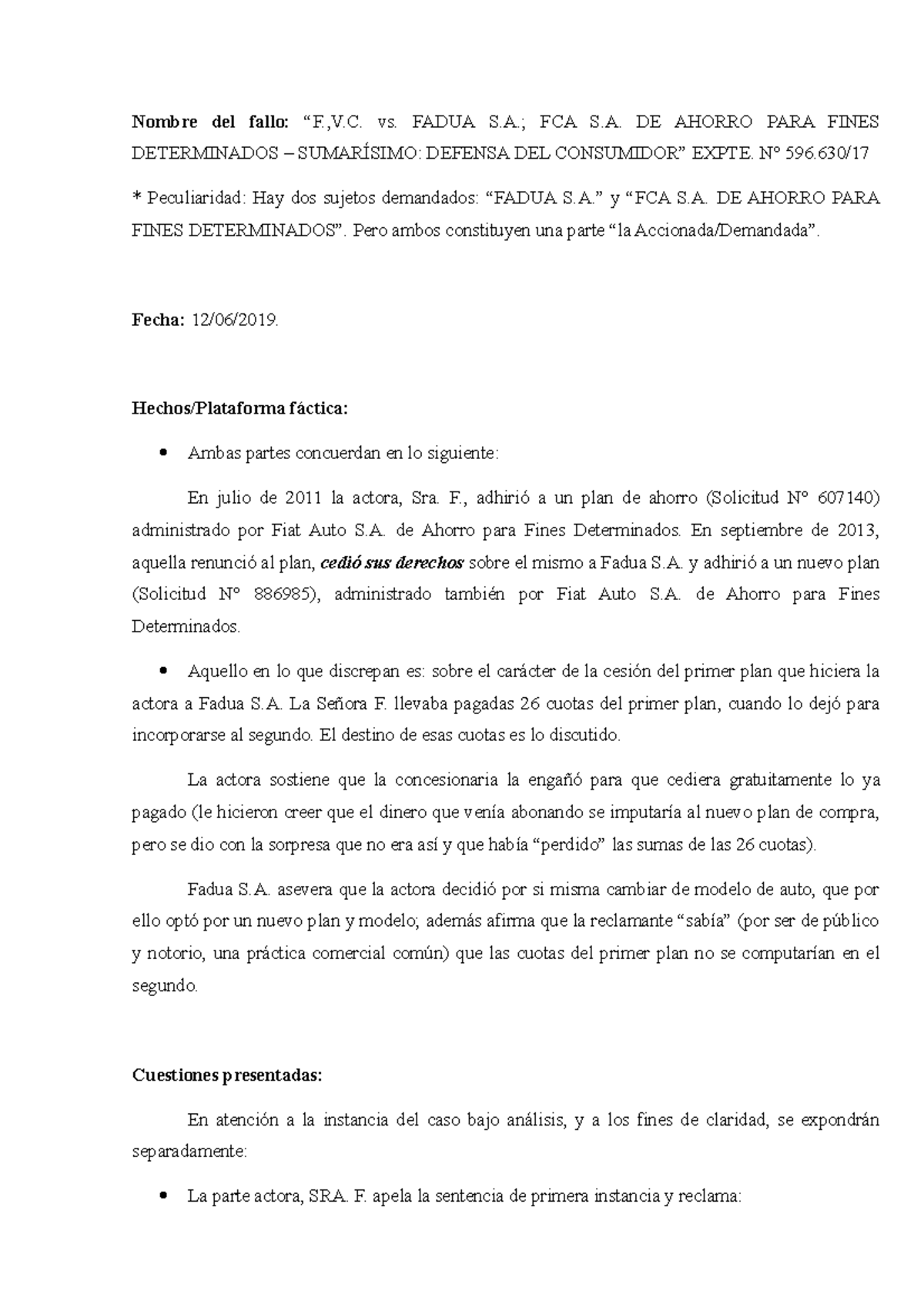 Ficha Fallo. FVC c Fadua y Otros - Nombre del fallo: “F.,V. vs. FADUA S ...