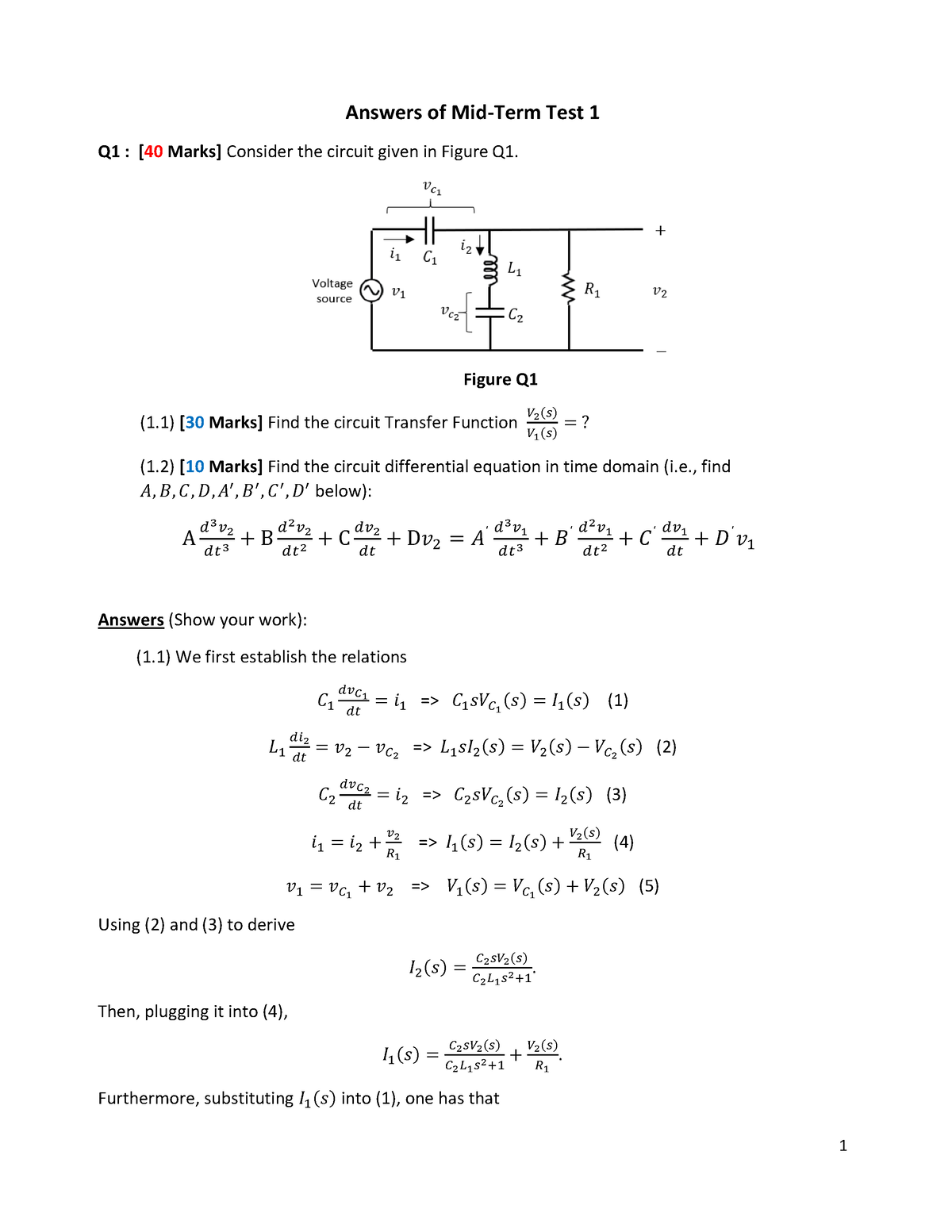 Mid-Term Test 1 Solutions - Answers Of Mid-Term Test 1 Q 1 : [ 40 Marks ...