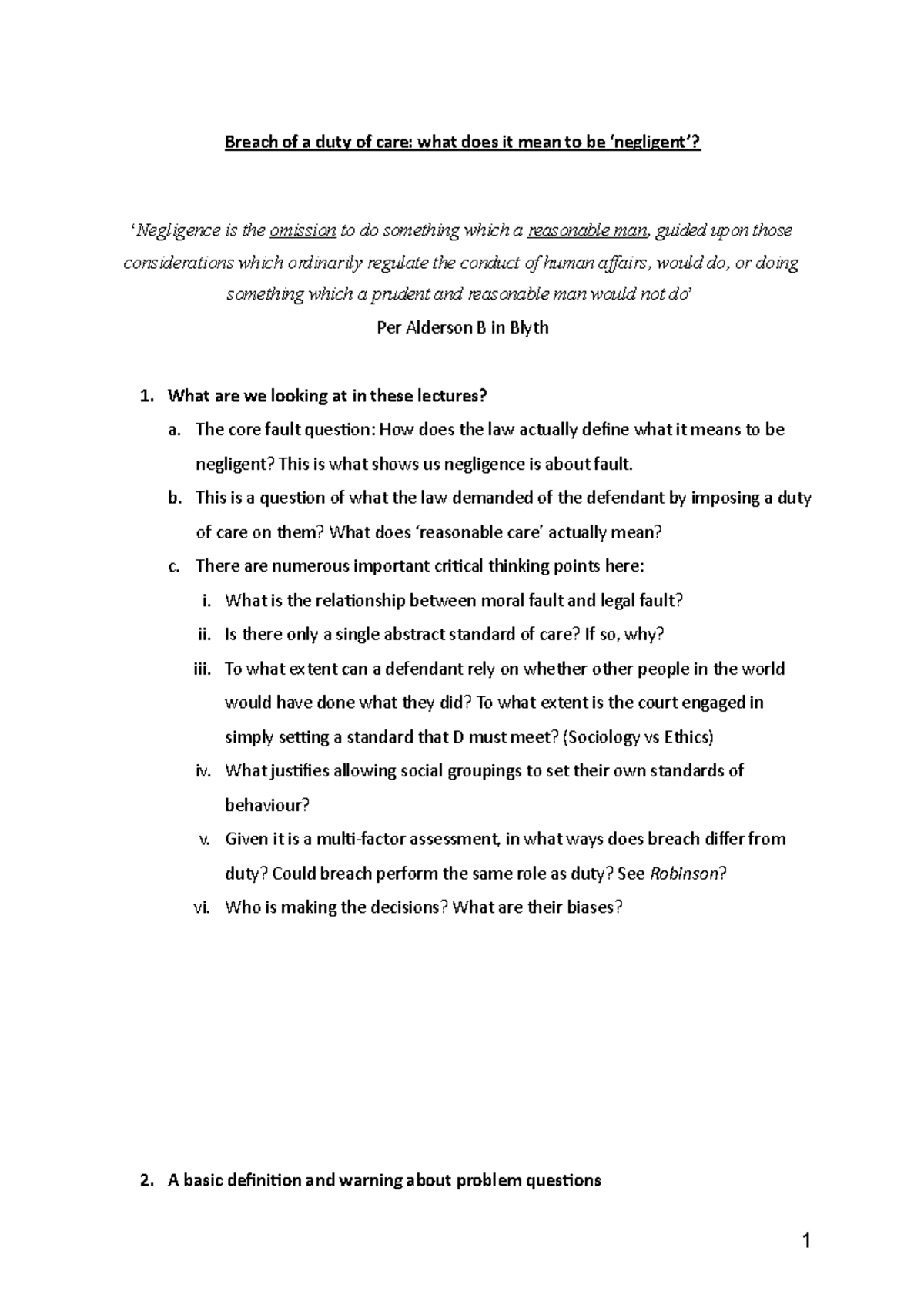 Breach of Duty Handout - Breach of a duty of care: what does it mean to ...