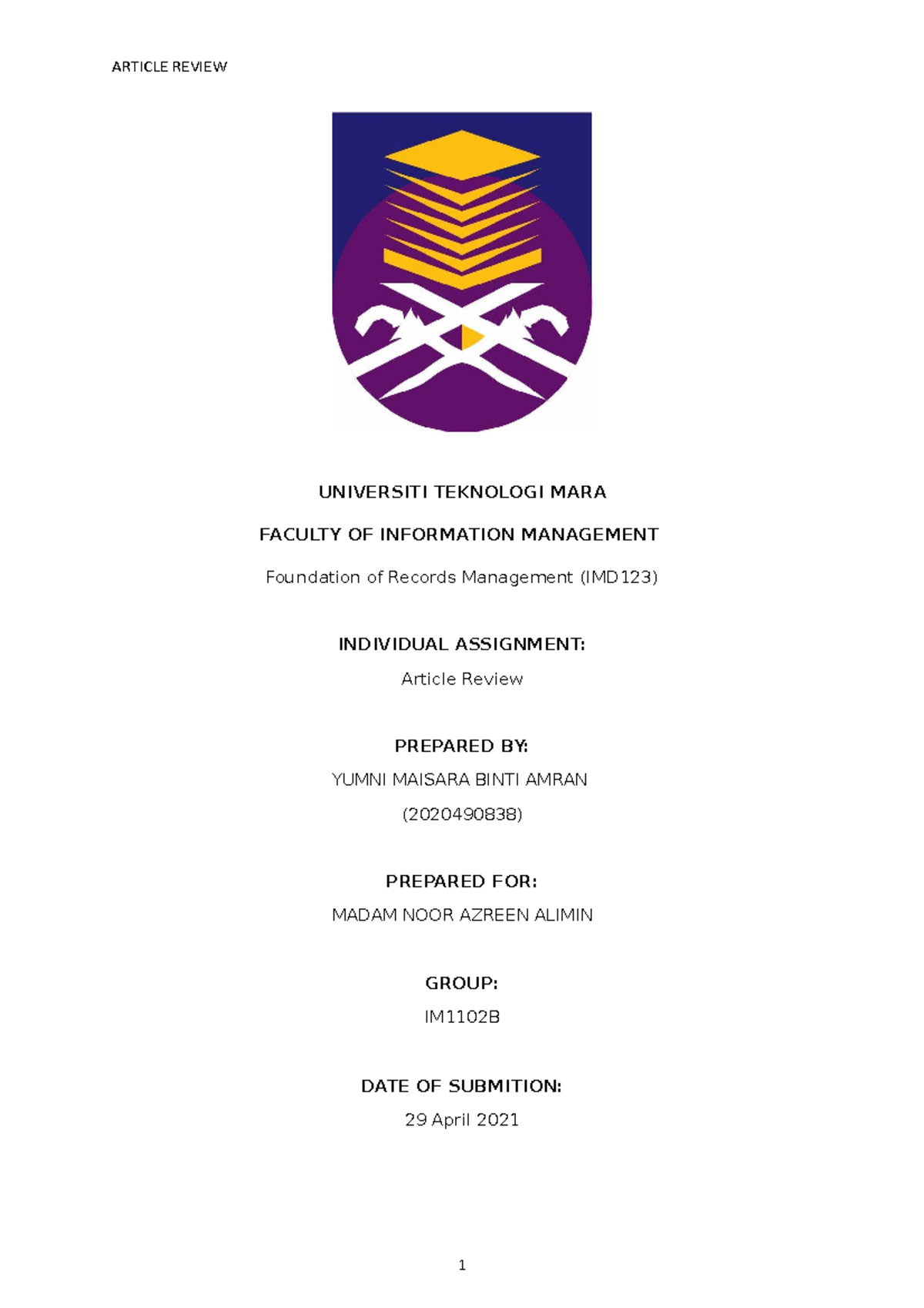 Article Review pengurusan maklumat - UNIVERSITI TEKNOLOGI MARA FACULTY ...