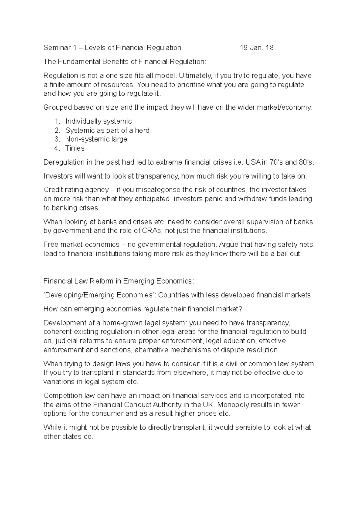 Seminar 1 Levels of Financial Regulation Notes - Seminar 1 – Levels of ...