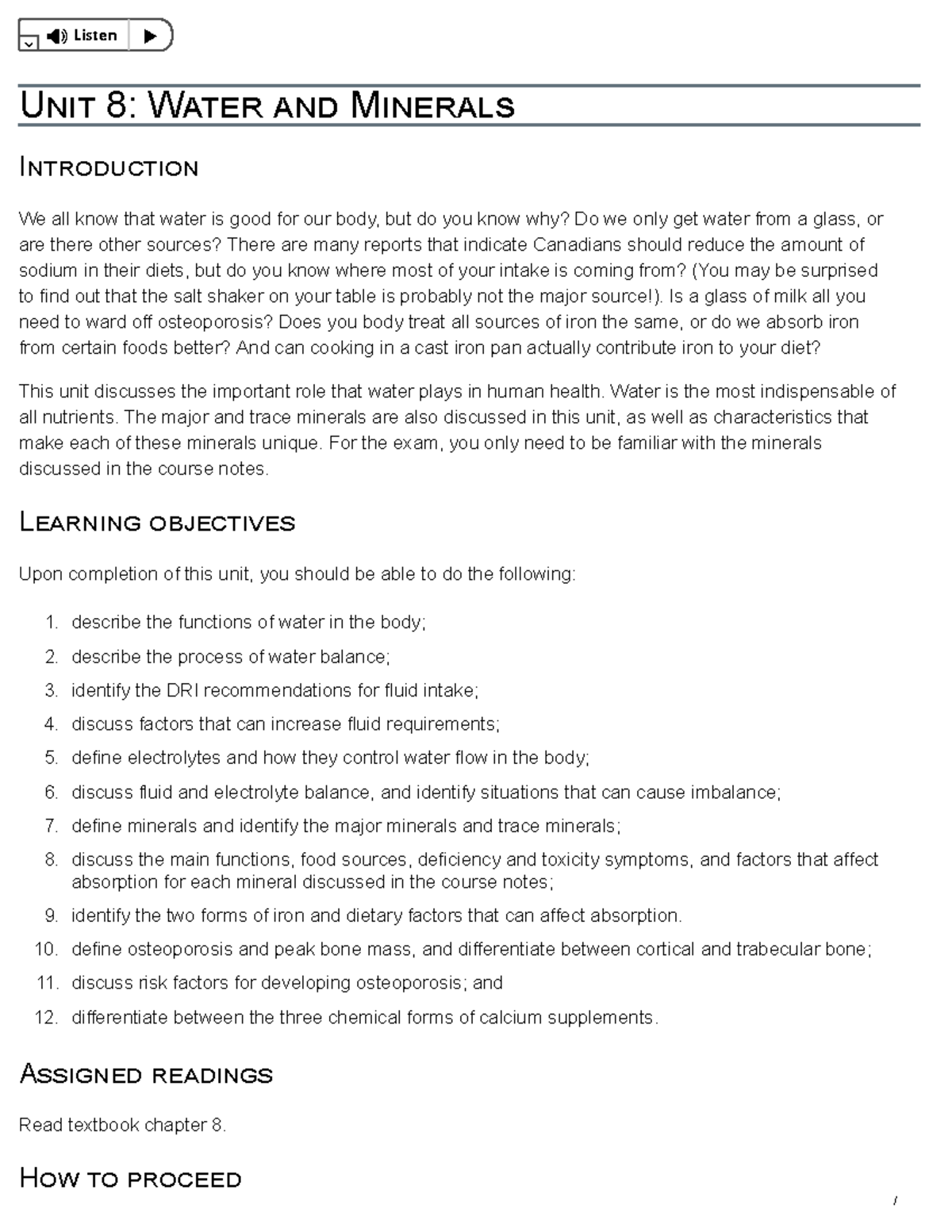 Unit 8 Water and Minerals Listen U 8 W M I We all know that water is