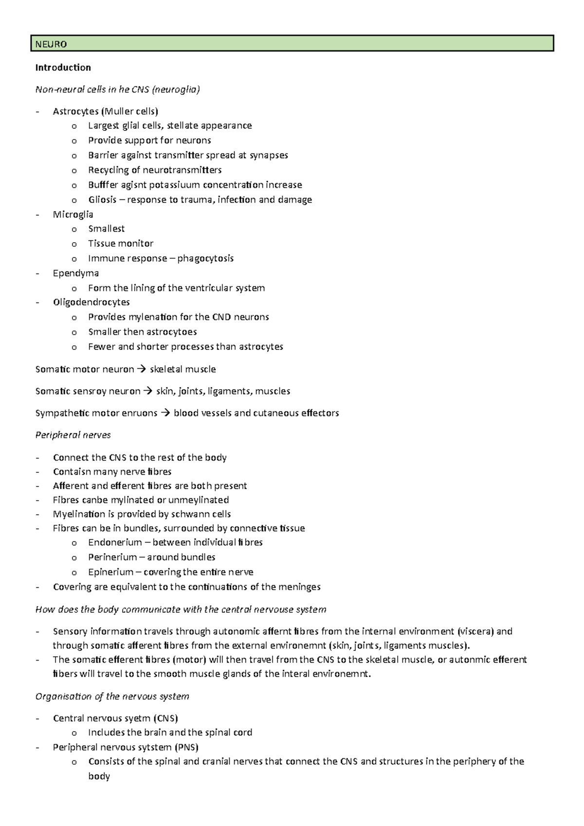 Summary - lecture Neuroanatomy - NEURO Introduction Non-neural cells in ...