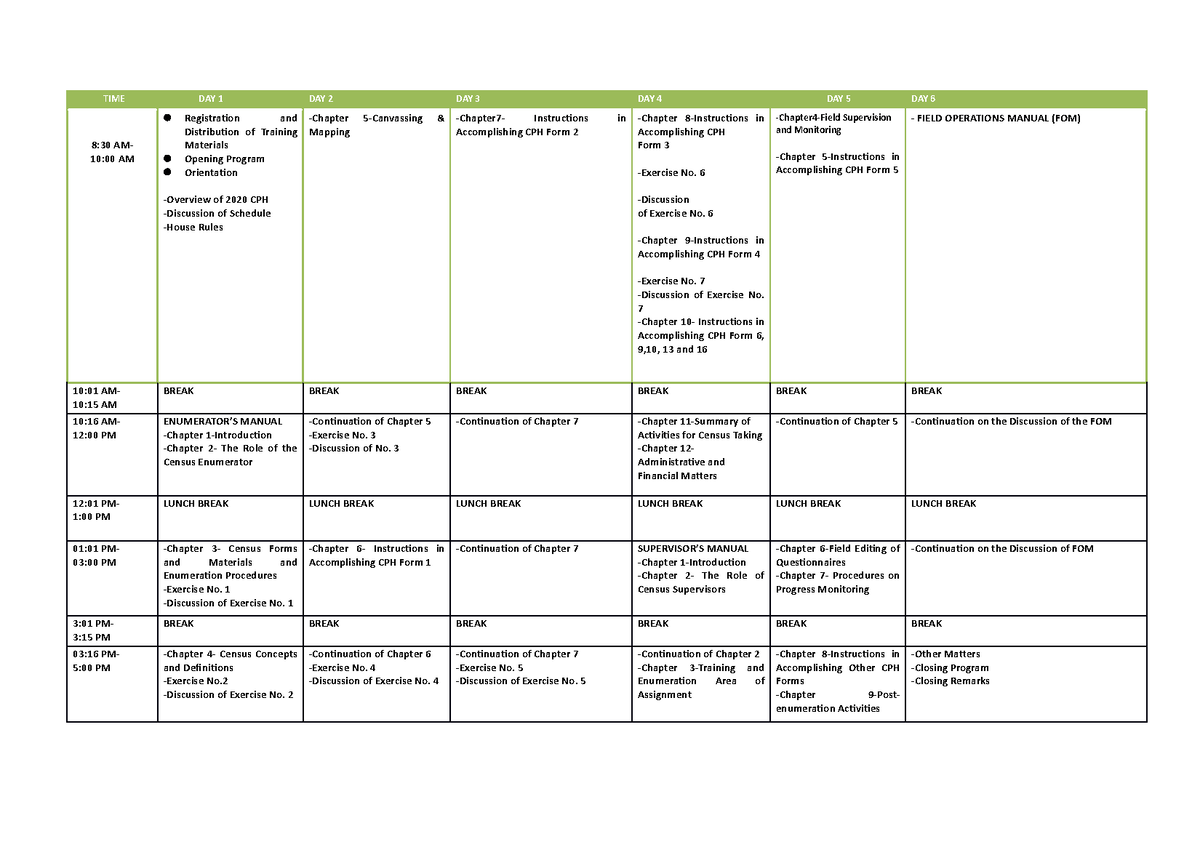 TIME Schedule - narative report - TIME DAY 1 DAY 2 DAY 3 DAY 4 DAY 5 ...