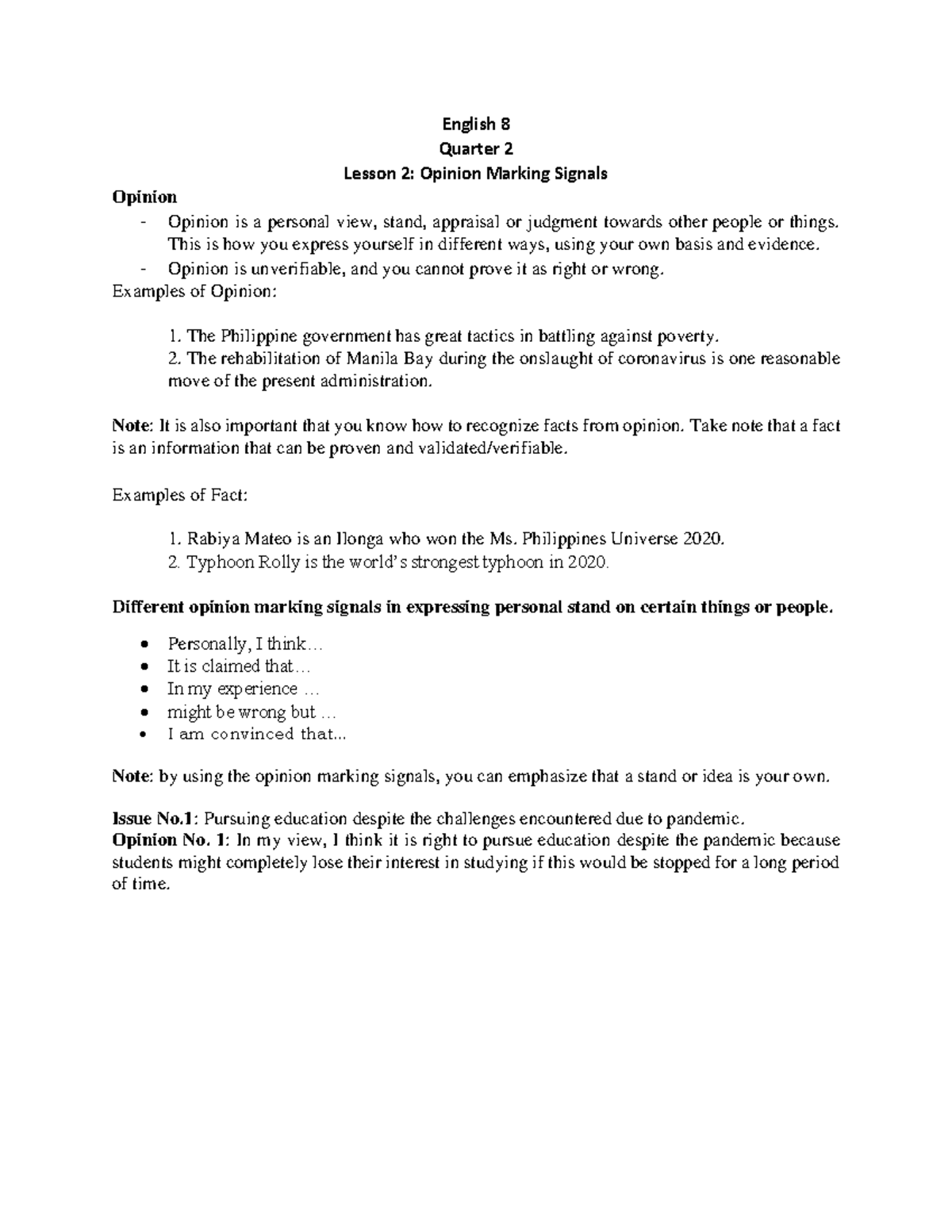 English 8 Q2 Lesson 2 Opinion Marking Signals - English 8 Quarter 2 ...