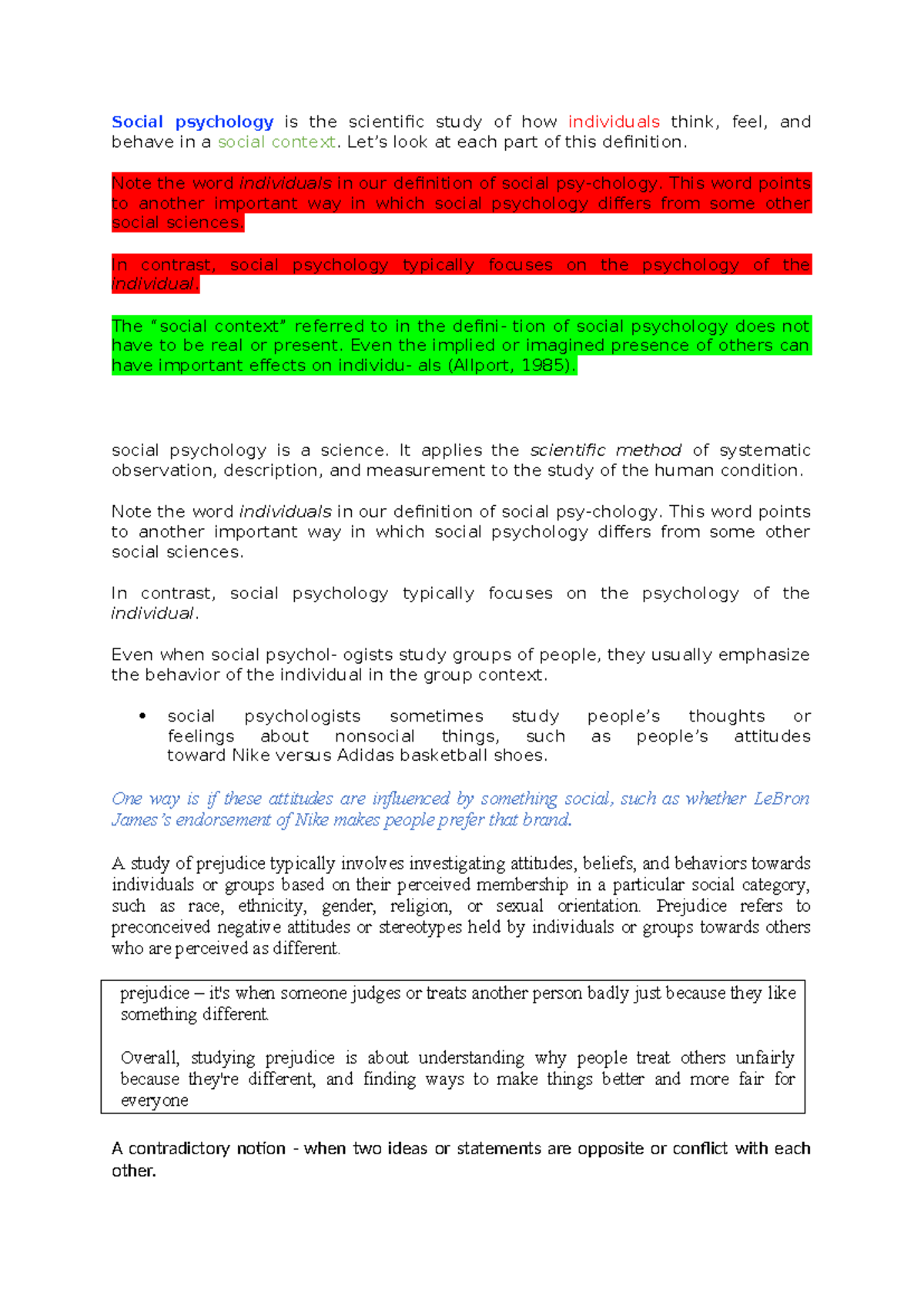 Reading Notes - week 1 - Social psychology is the scientific study of ...