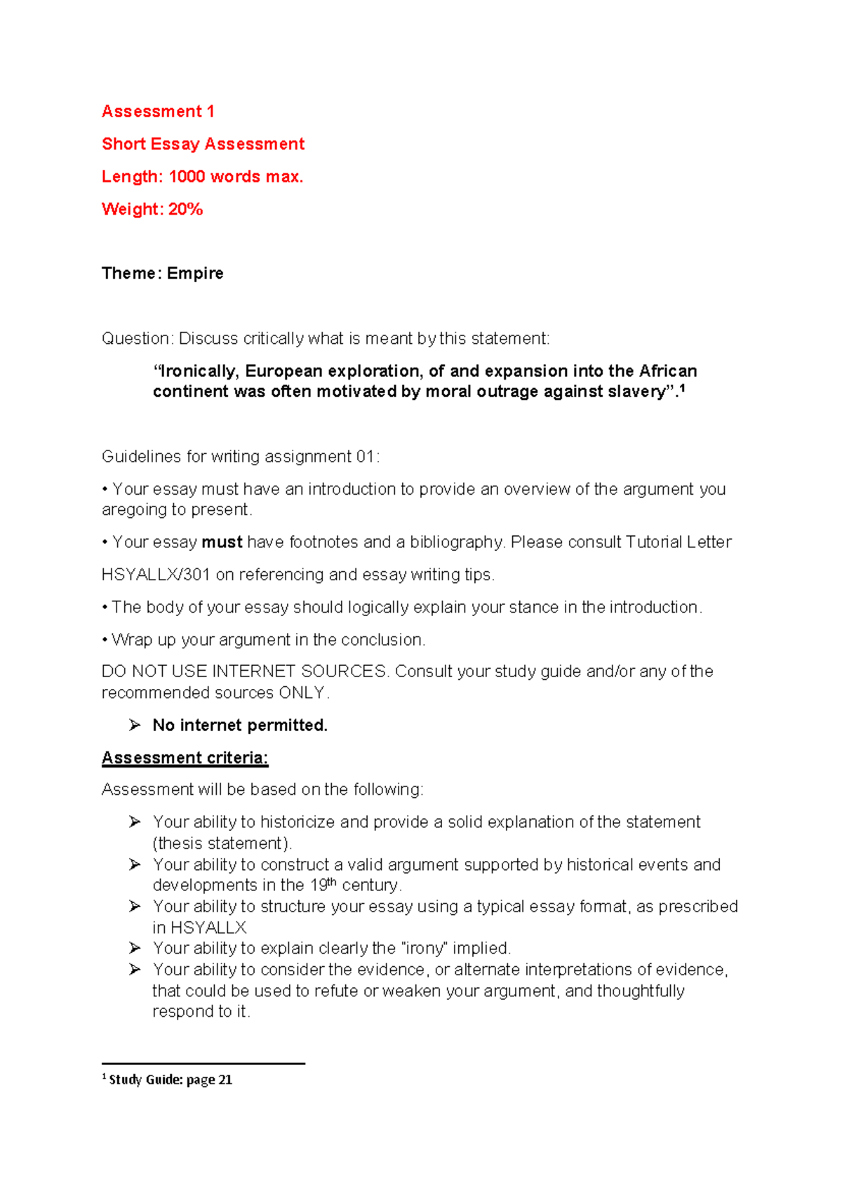 Assessment 1 Weight 20 Theme Empire Question Discuss critically