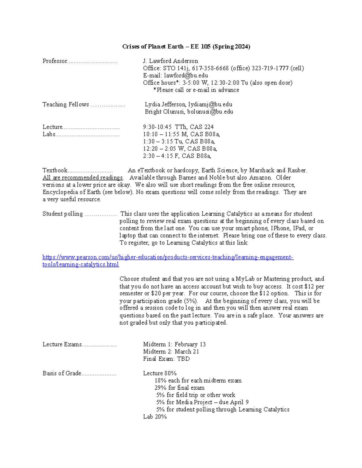 EE 105 Lecture Syllabus Spring 2024 Crises of Earth EE 105