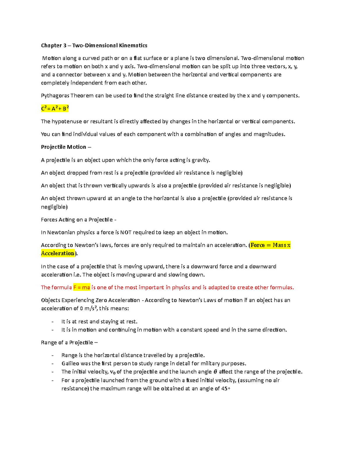 Physics 1111 Chapter 3 and 4 Notes - Chapter 3 – Two-Dimensional ...