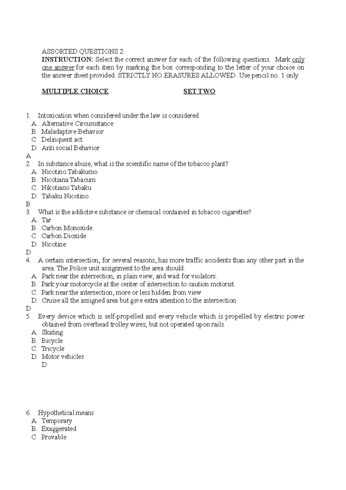 Assorted Questions 2 Read and answer ASSORTED QUESTIONS 2 INSTRUCTION Select the correct