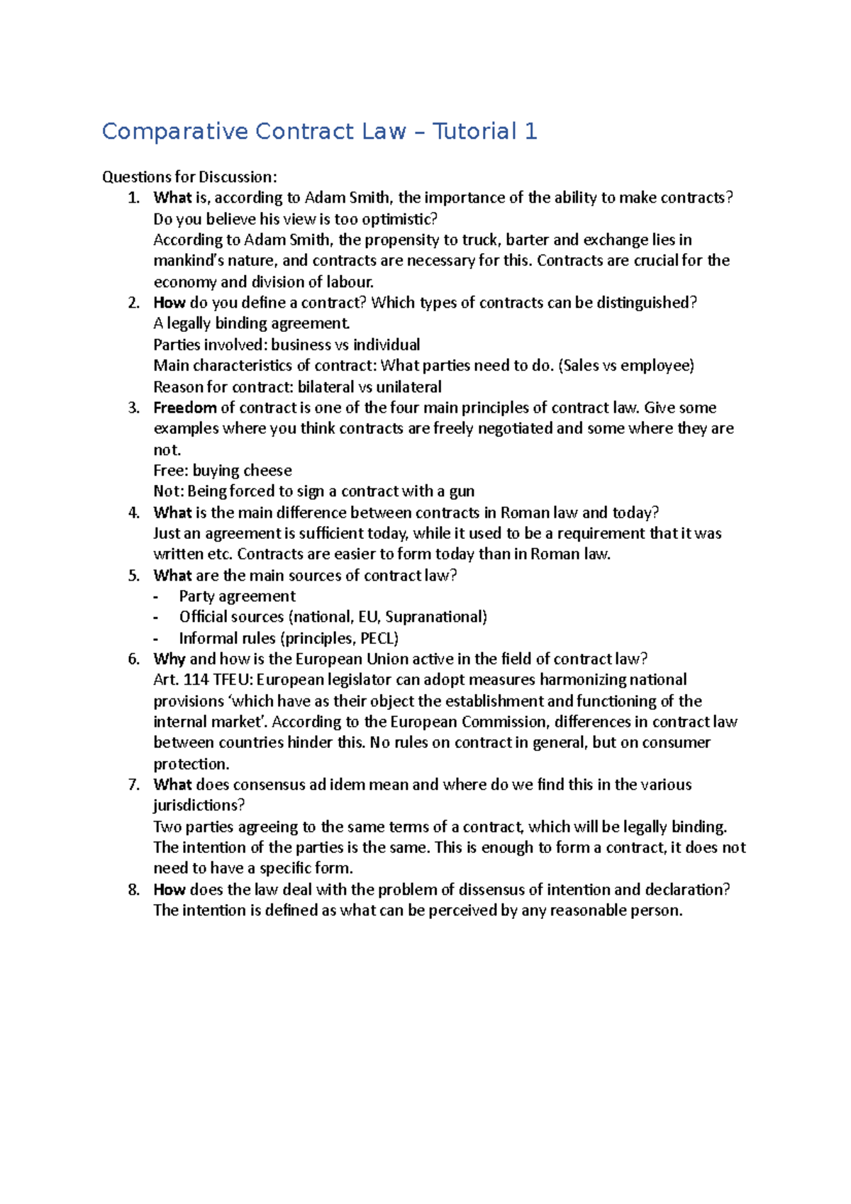 CCL Tutorial 1 - Test - Comparative Contract Law – Tutorial 1 Questions ...