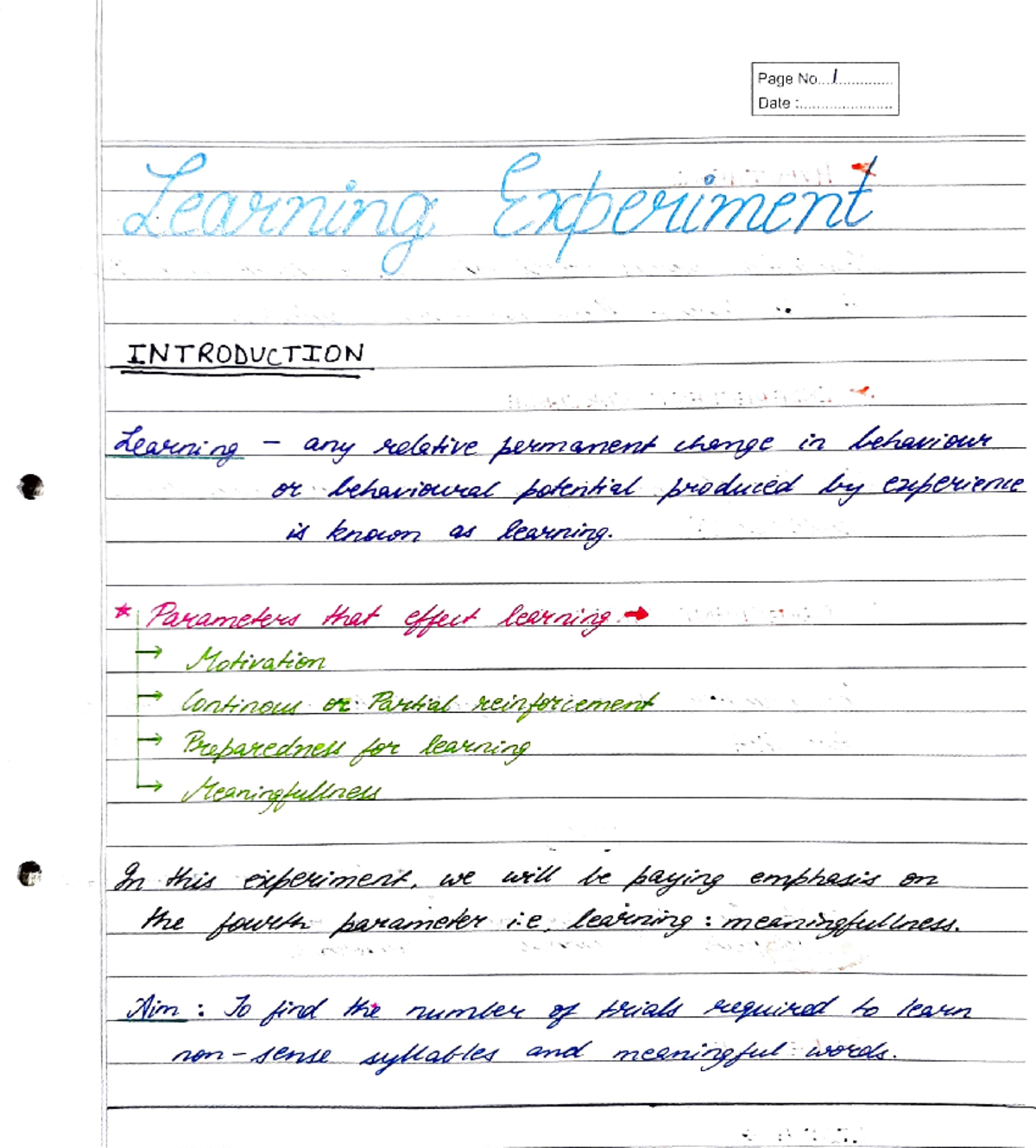 Psychology practical - Page No.. I..******* Date *4 * *** INTRODUCTION ...