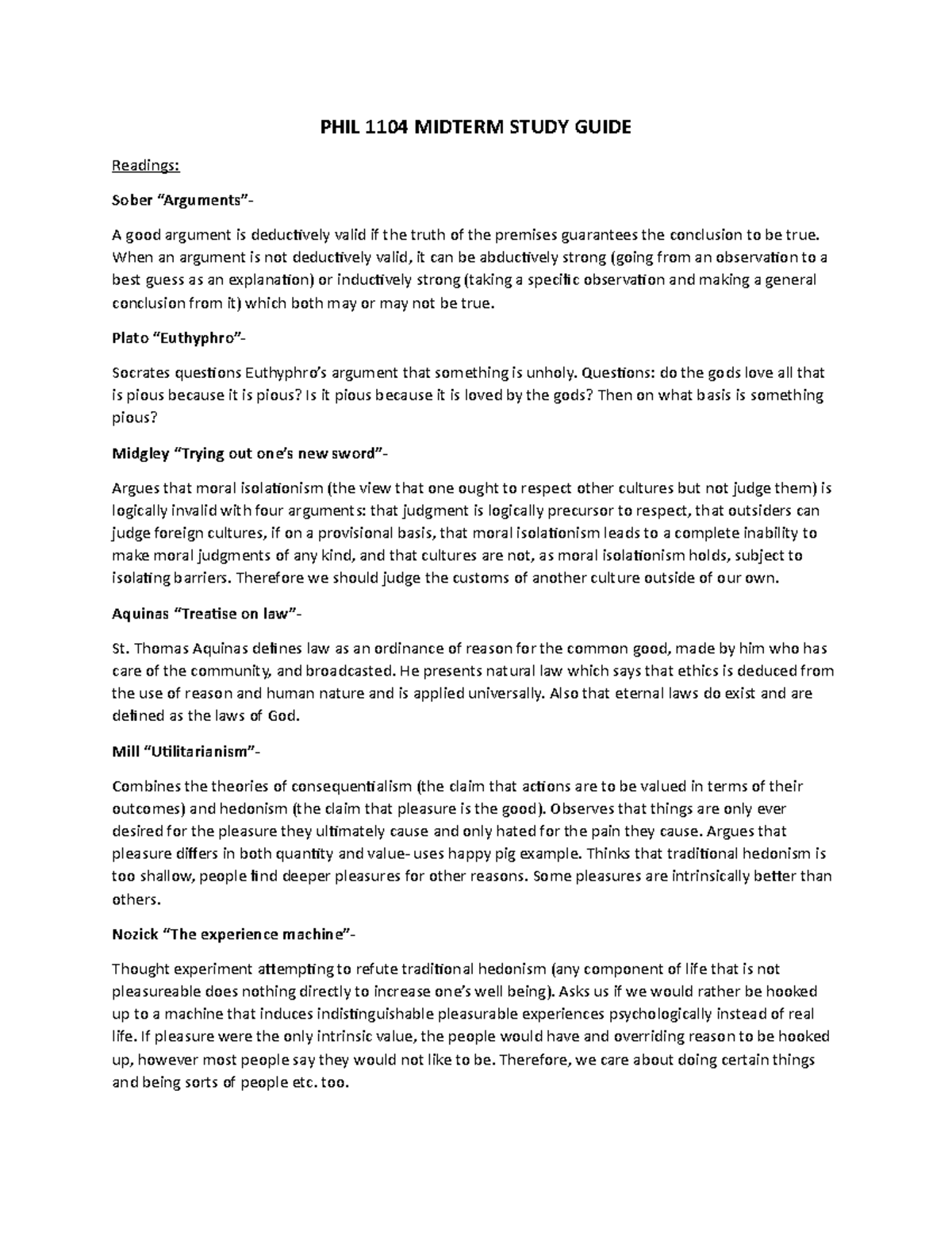 Philosophy Midterm 1 - PHIL 1104 MIDTERM STUDY GUIDE Readings: Sober ...