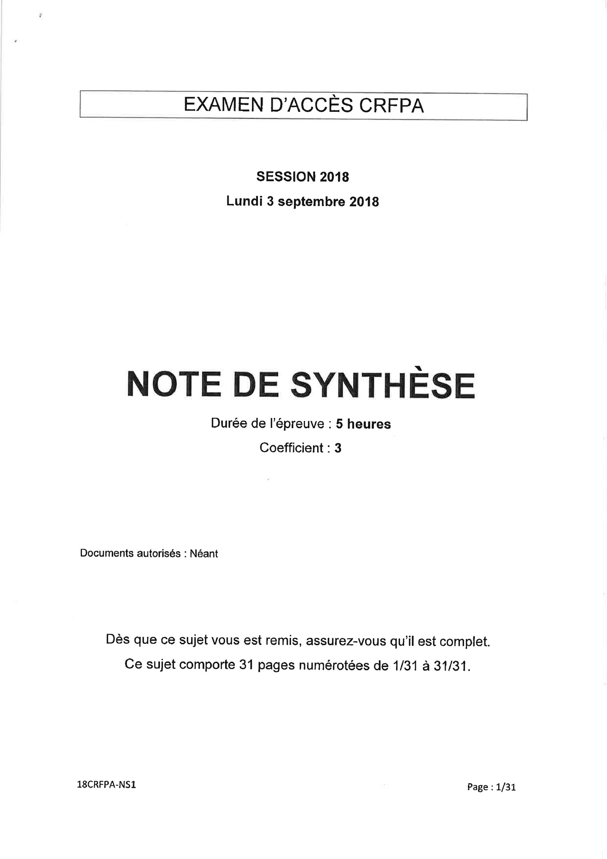 Note De Synthese Du Crfpa De L 2018 Examen D Acces Crfpa Sesston 2018 Lundi 3 Septembre Studocu