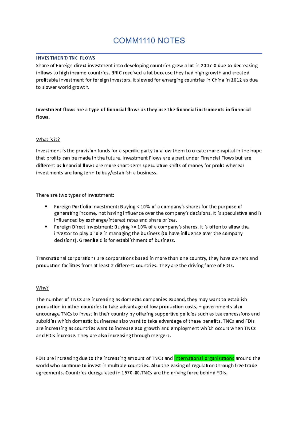 Lecture 8 Part 2 COMM1110 NOTES INVESTMENT/TNC FLOWS Share of Foreign