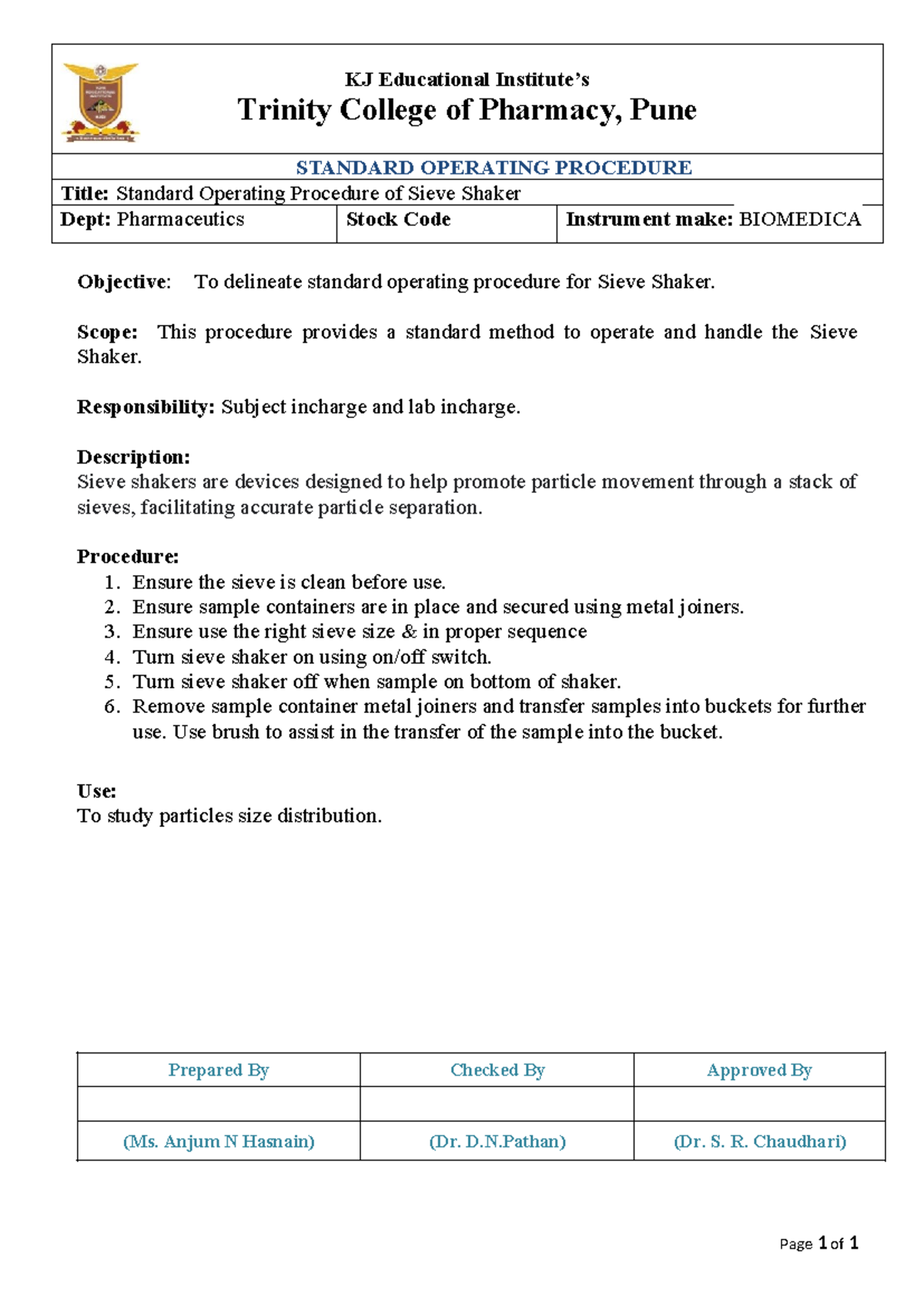 Sieve shaker SOP SOP KJ Educational Institute’s Trinity College of