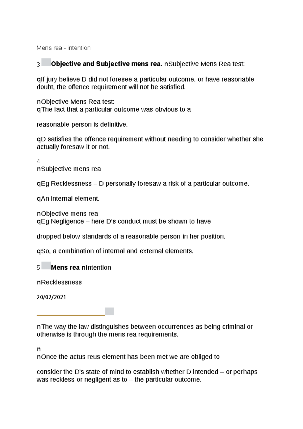 Mens rea intention docx Mens rea intention 3 Objective and